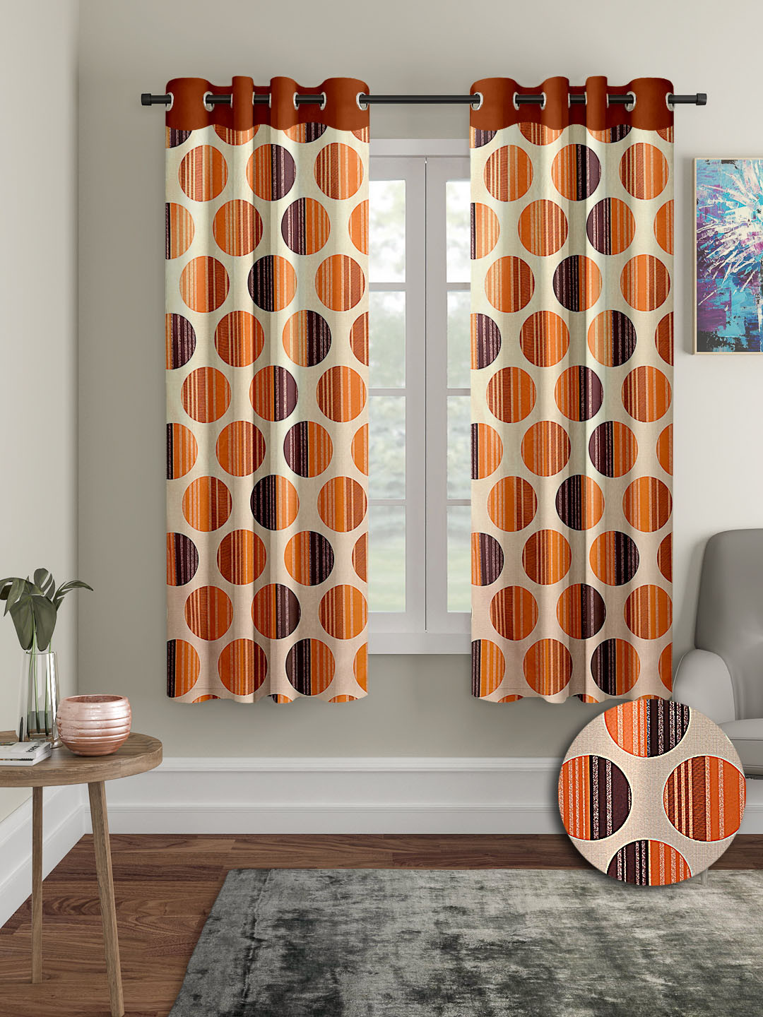 Cortina Orange & Brown 2 Pieces Geometric Printed Window Curtains
