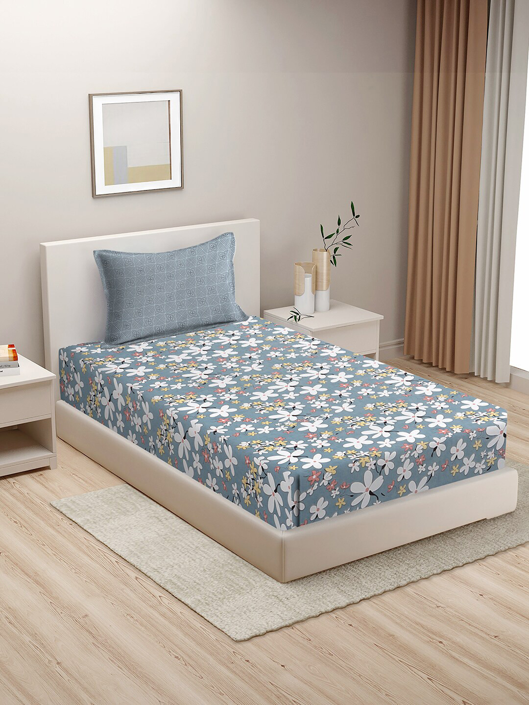 HOSTA HOMES Grey Floral Cotton 210 TC Single Fine Bedsheet with a Pillow Cover-60 x 90 inches