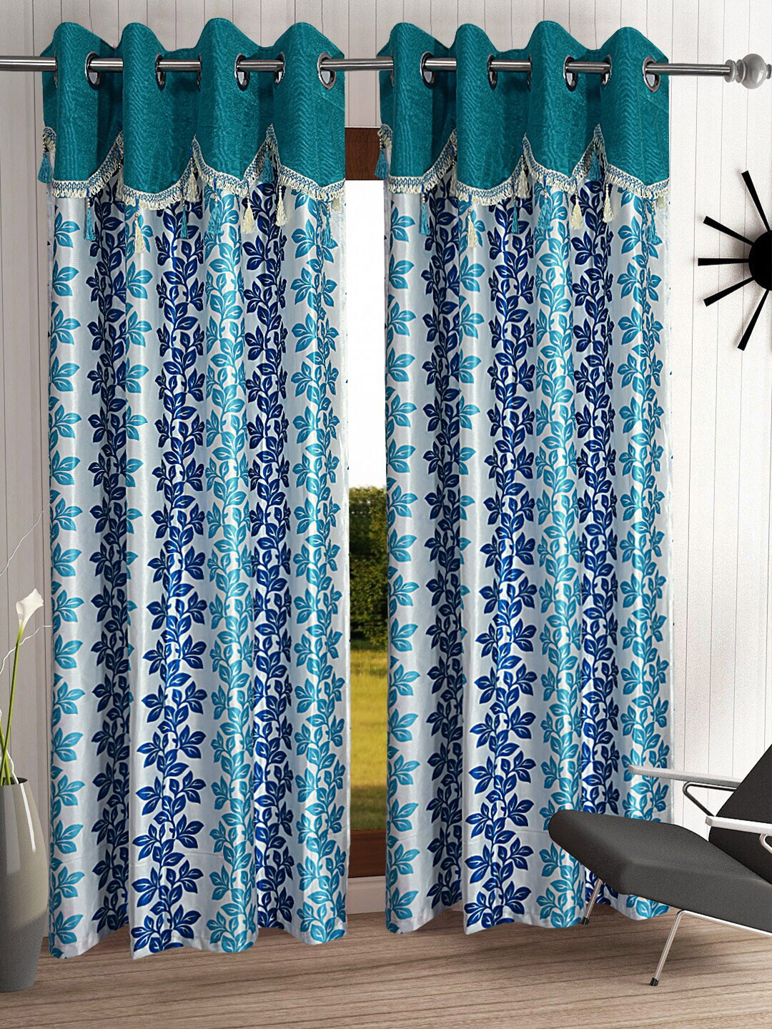 Cortina Blue & White Set of 2 Fancy Valance Floral Printed Door Curtains