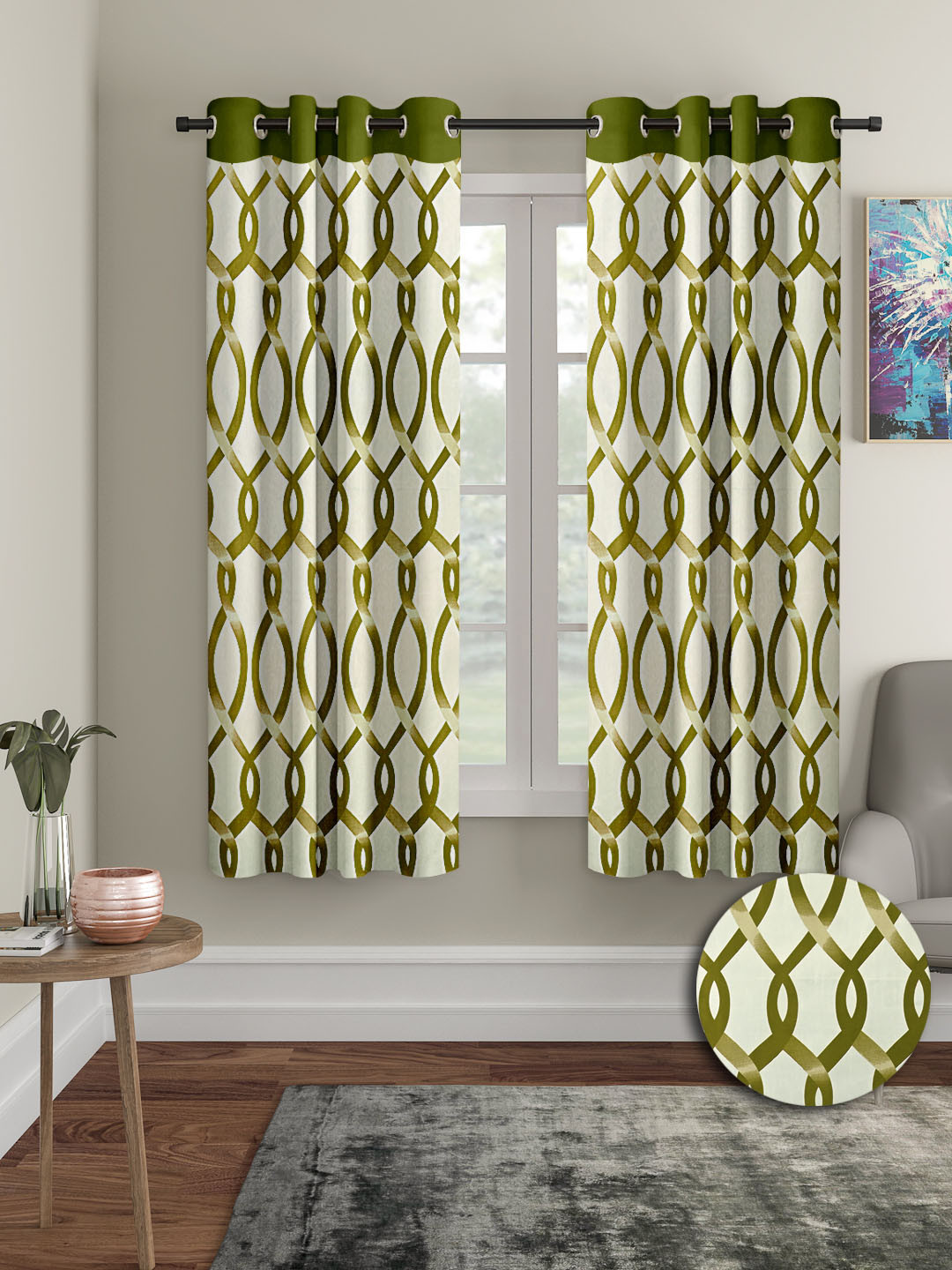 Cortina Olive Green & White 2 Pieces Geometric Printed Window Curtains
