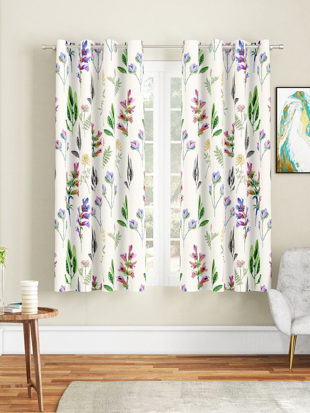 SEJ by Nisha Gupta White & Green Set of 2 Floral Window Curtain