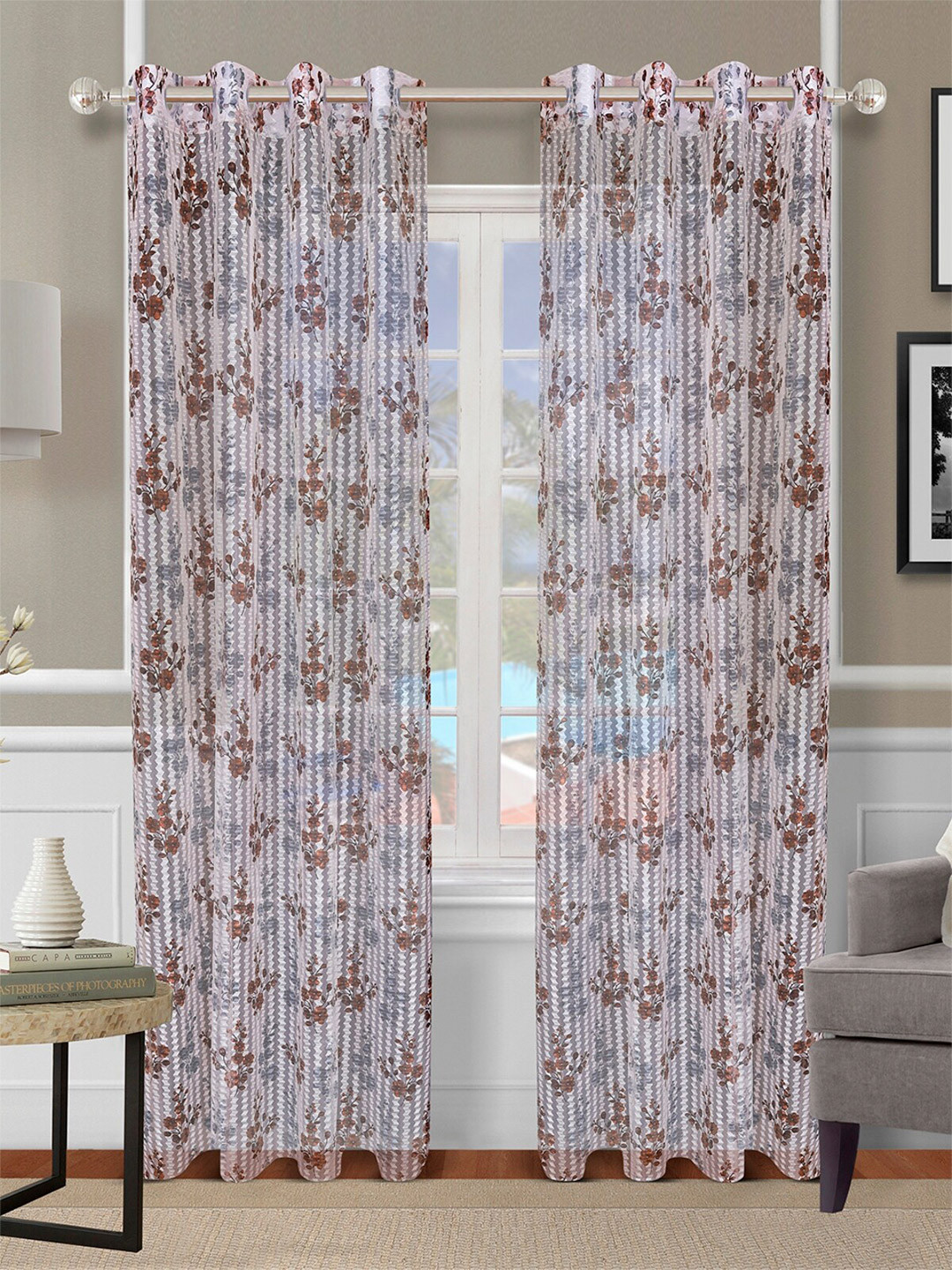 ROMEE Grey & Brown Set of 2 Floral Sheer Door Curtain