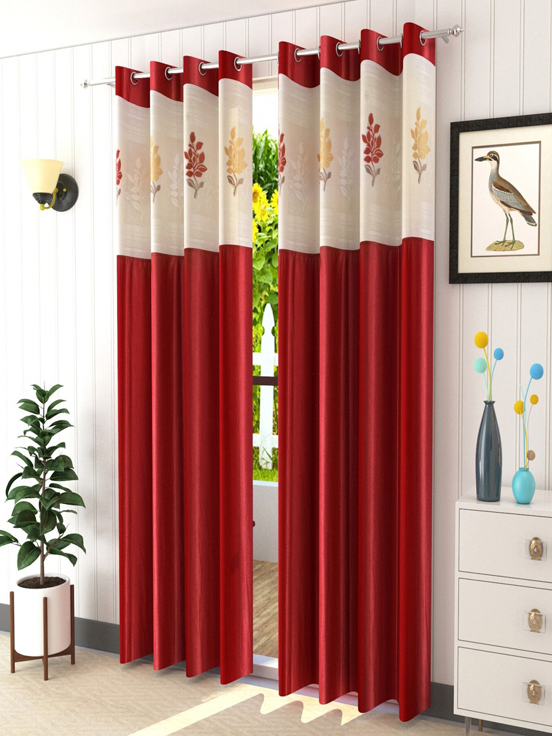 Homefab India Adults Unisex Maroon & Cream Set of 2 Floral Sheer Door Curtain 7 feet