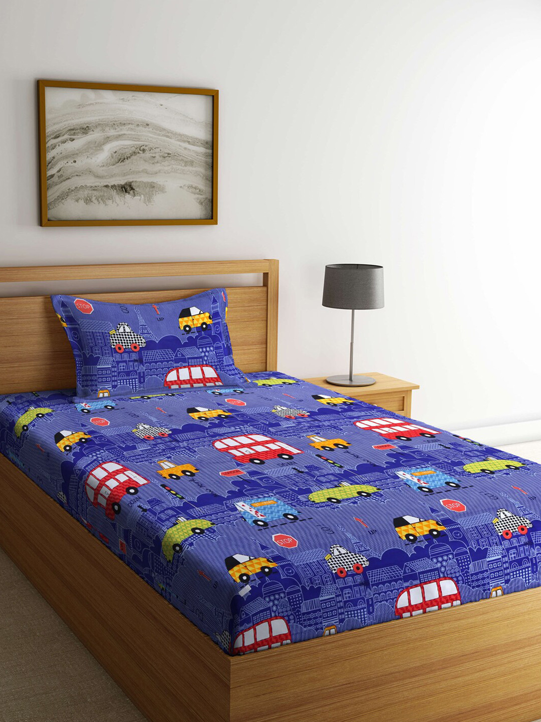 Arrabi Multicoloured Graphic Polycotton Breathable 300 TC Single Fine Bedsheet with a Pillow Cover-225 x 150 cm