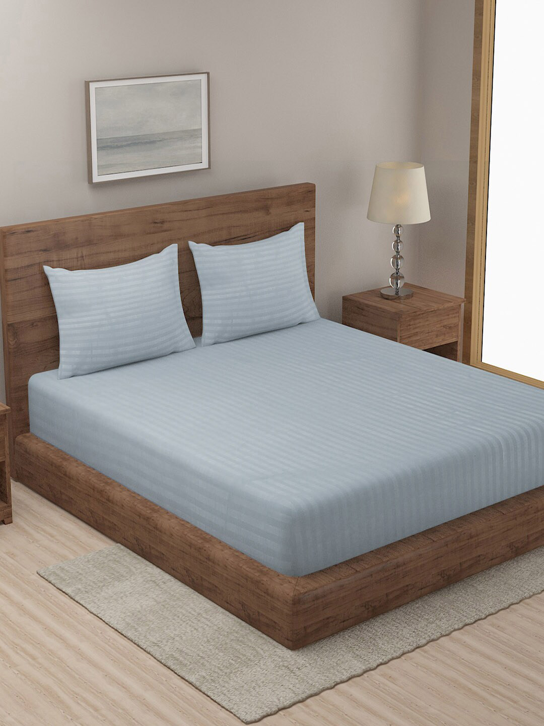 KLOTTHE Grey Striped Cotton 300 TC King Fine Bedsheet with 2 Pillow Covers-98 x 87 inches