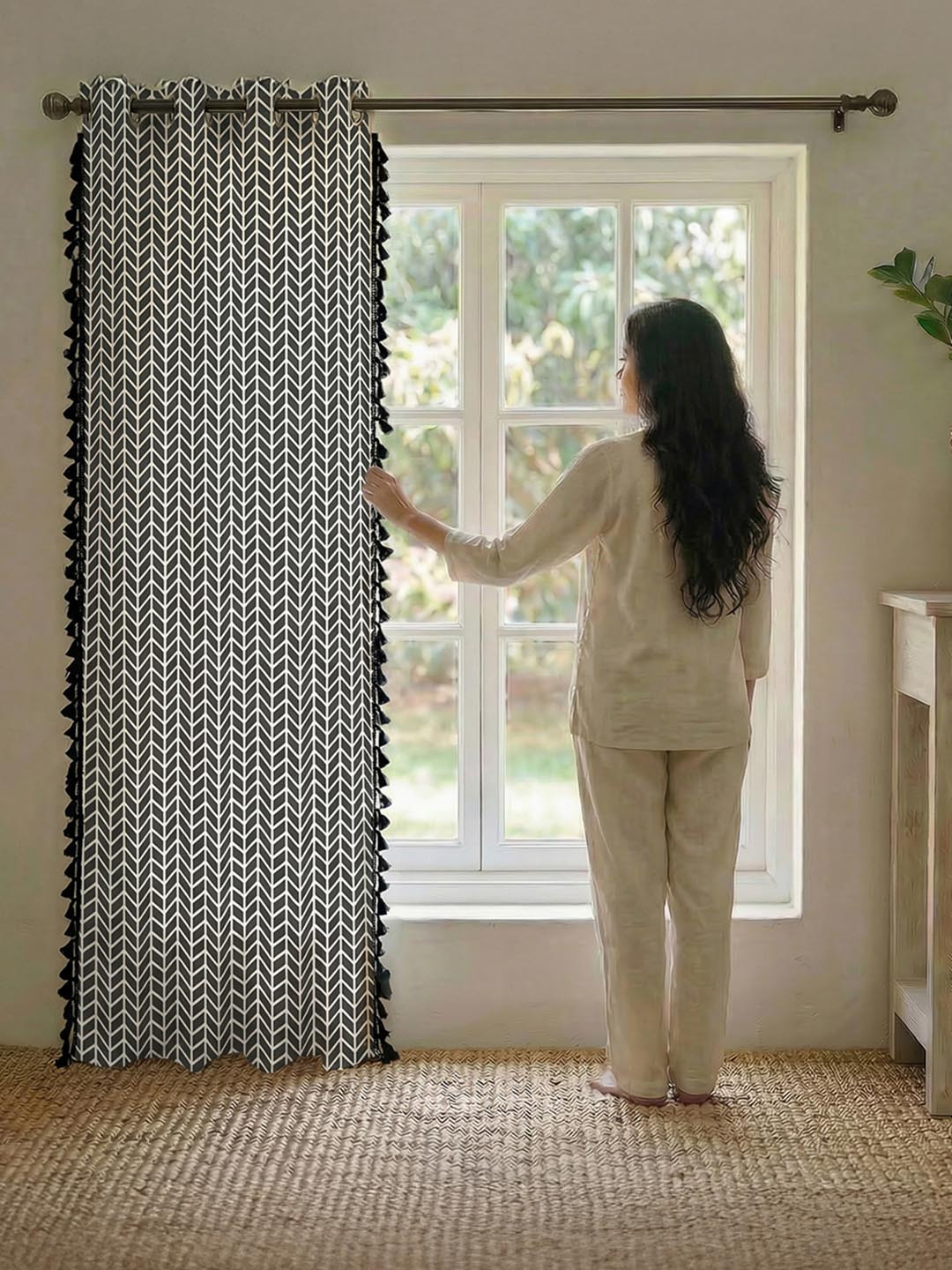 URBAN SPACE Boho Grey & White Geometric Printed Cotton Door Curtain