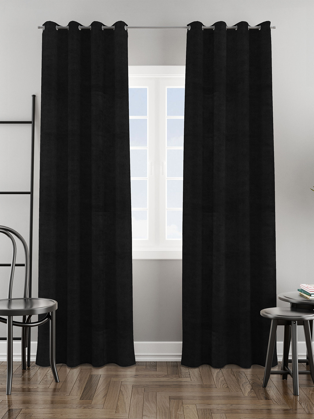 HOMEMONDE Black 2 Pieces Velvet Room Darkening Long Door Curtains
