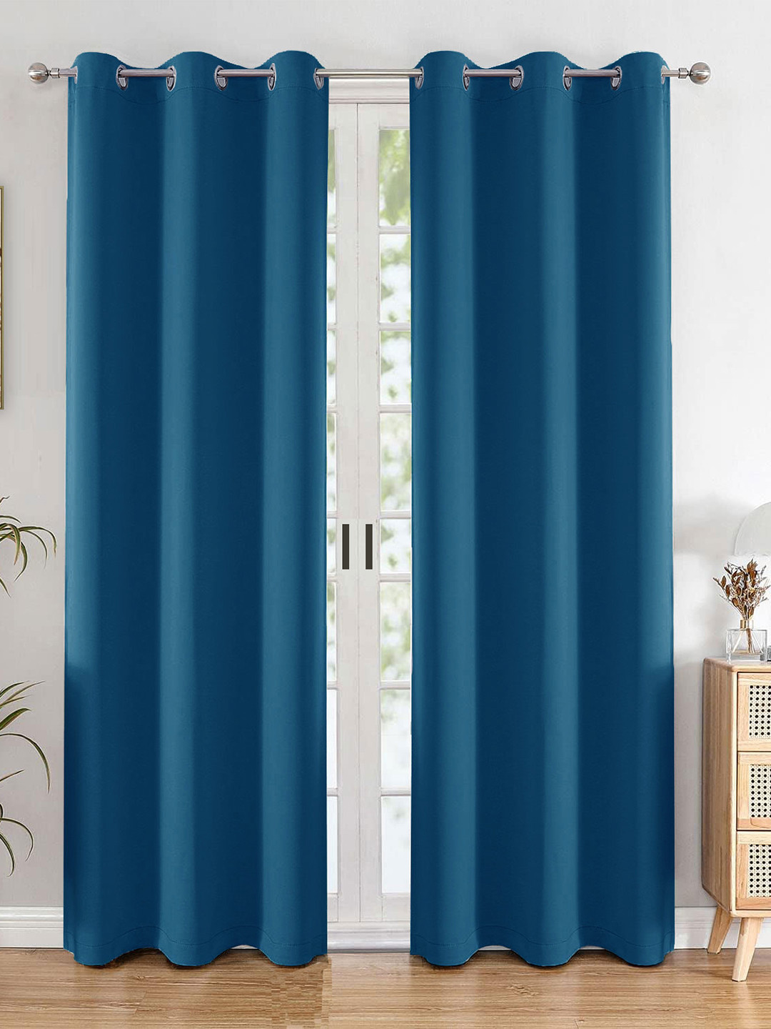 HOMEMONDE Blue 2 Pieces Black Out Door Curtain