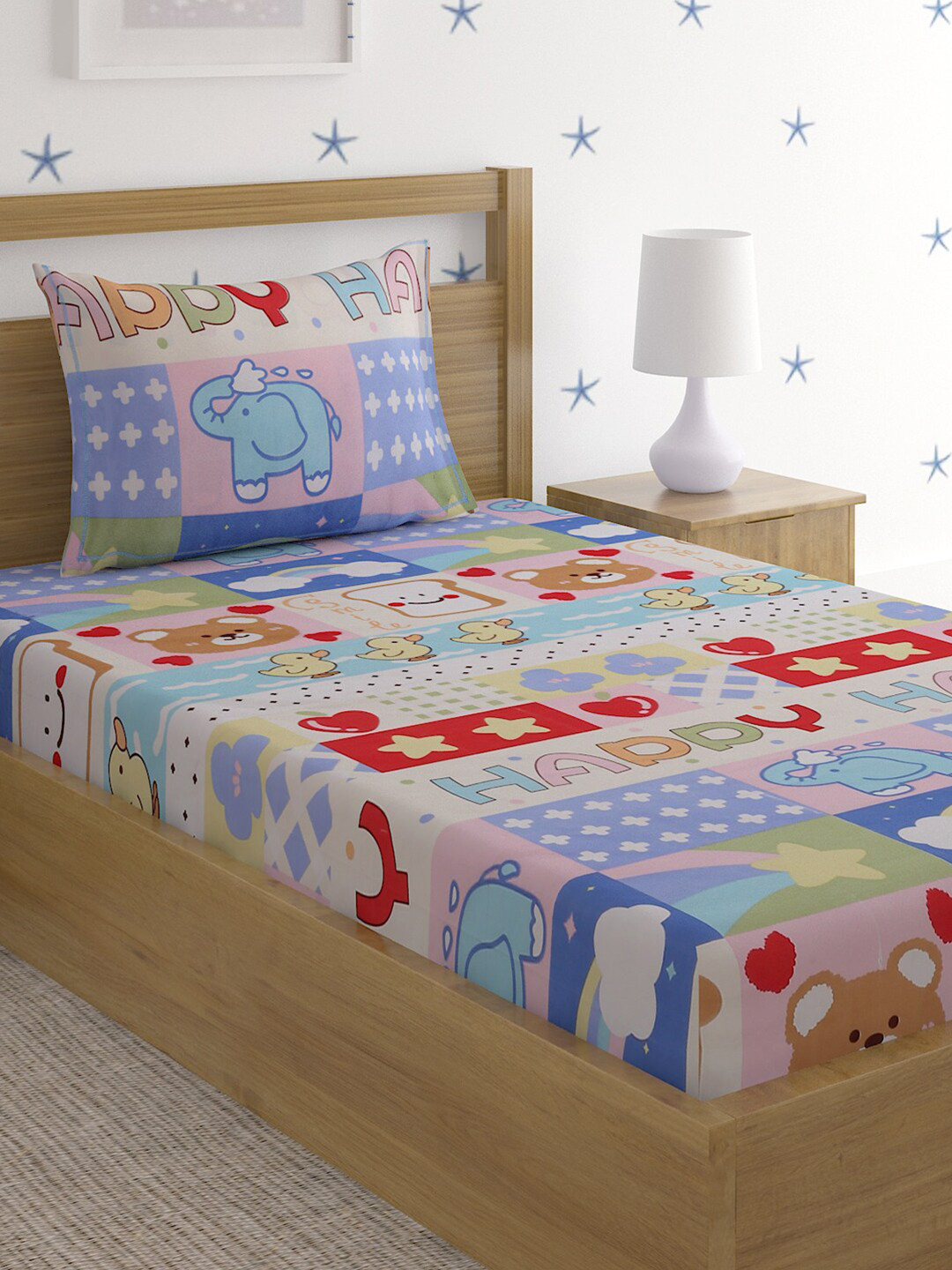 HOSTA HOMES Multicoloured Conversational Cotton 210 TC Single Superfine Bedsheet with a Pillow Cover-90 x 60 inches