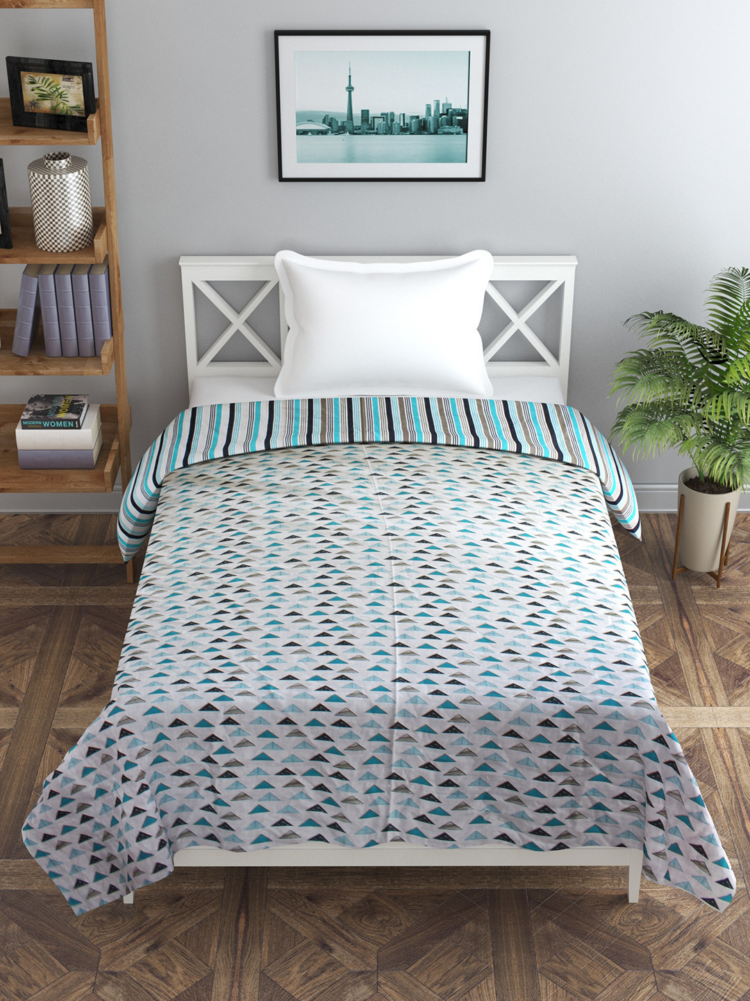 Trance home Linen Blue Black Triangles 210 GSM Pure Cotton Reversible Single Bed Size Dohar