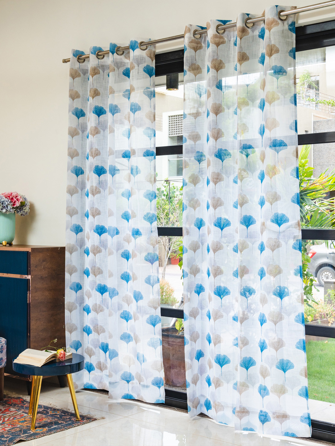 URBAN SPACE Blue & White Set of 2 Floral Sheer Window Curtain