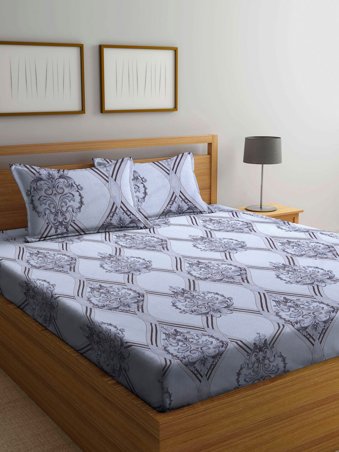 Arrabi Grey Ethnic Motifs Cotton 300 TC King Fine Bedsheet with 2 Pillow Covers-98 x 106 inches