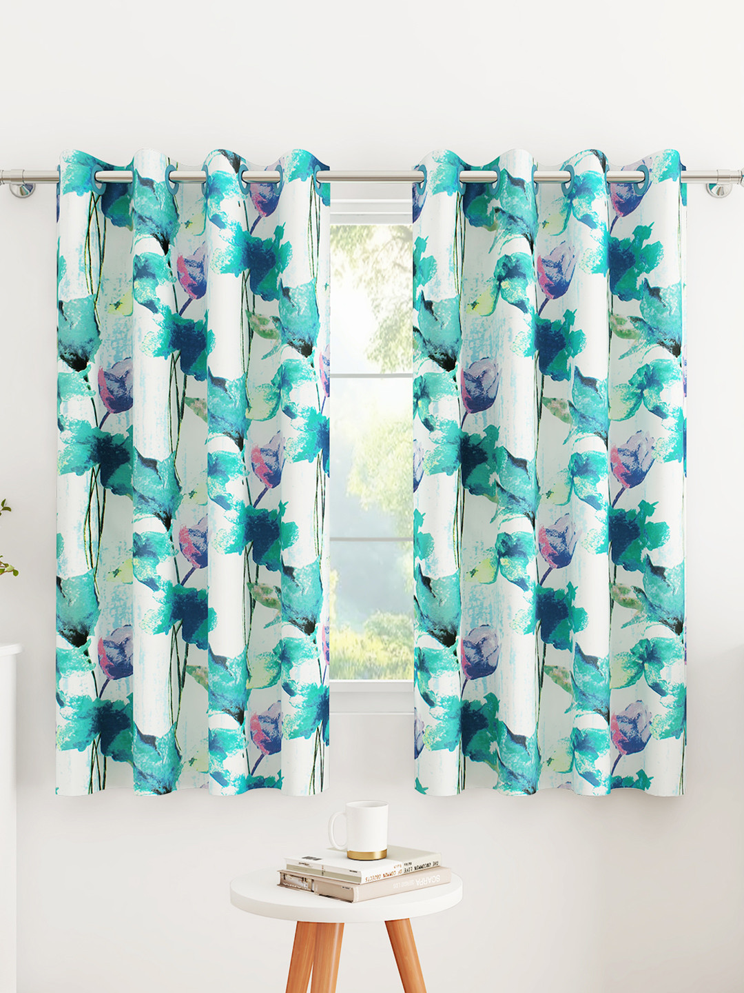 Story@home Blue & White 2 Pieces Floral Window Curtain