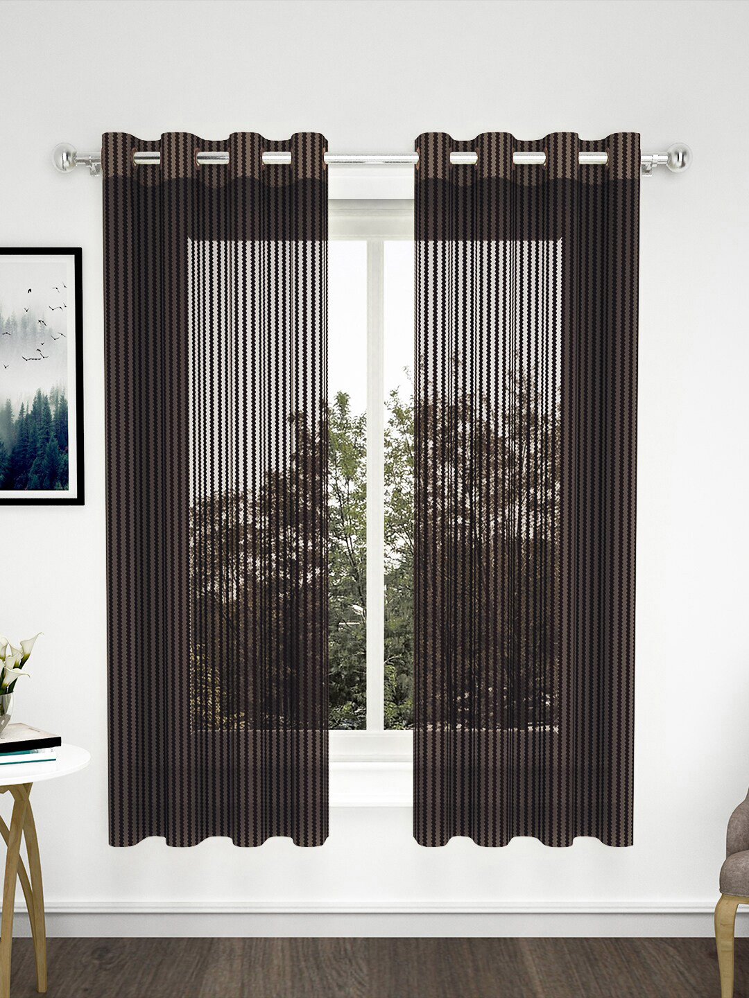 Story@home Coffee Brown Set of 2 Striped Sheer Window Curtain