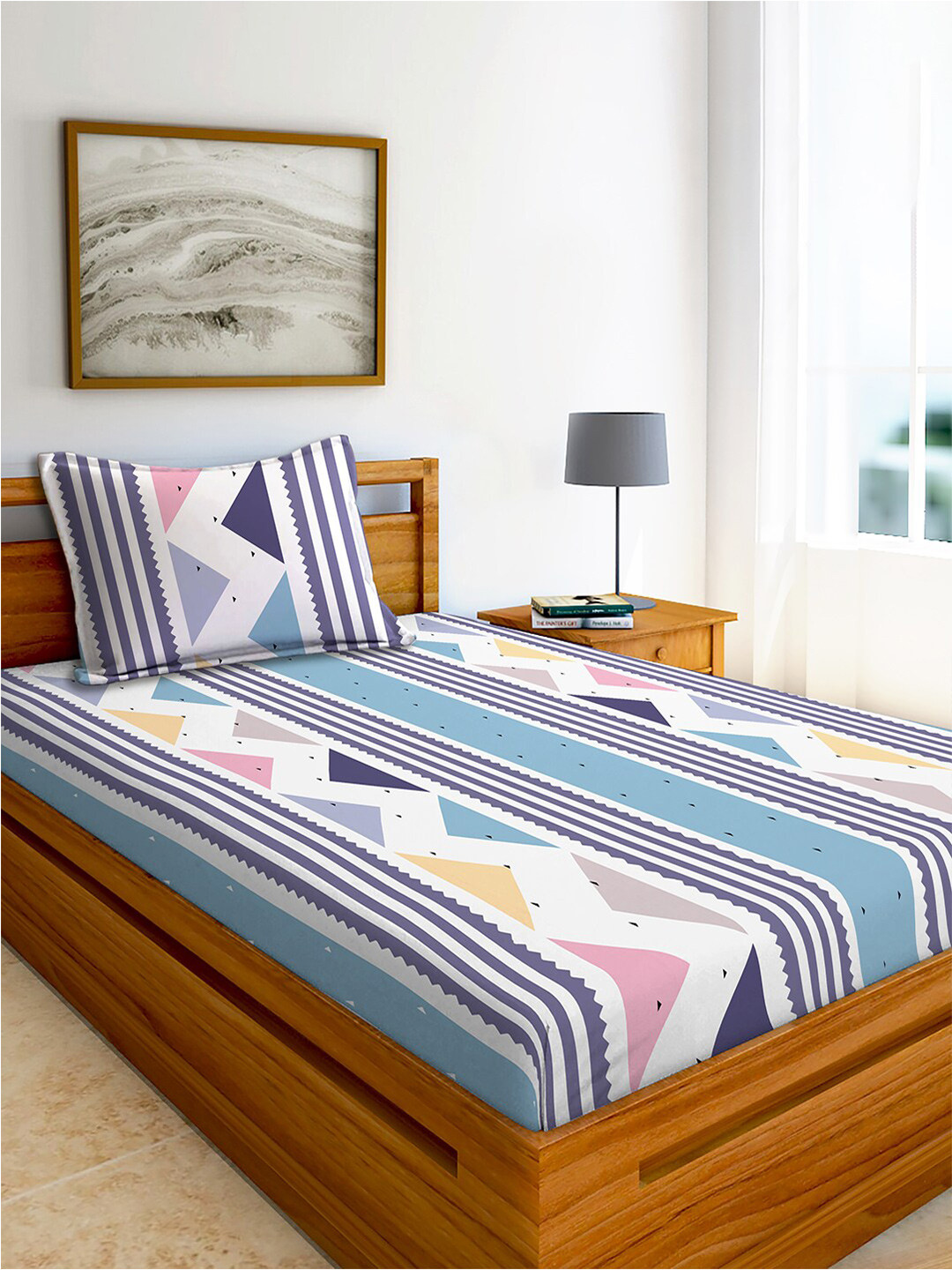AEROHAVEN Blue Geometric Cotton 240 TC Single Fine Bedsheet with a Pillow Cover-90 x 60 inches