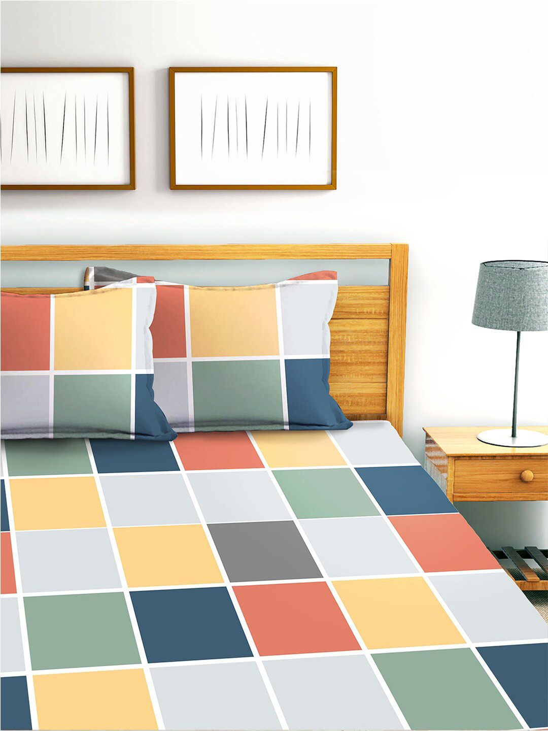 AEROHAVEN Blue Geometric Cotton 240 TC Fitted King Fine Bedsheet with 2 Pillow Covers-78 x 72 inches