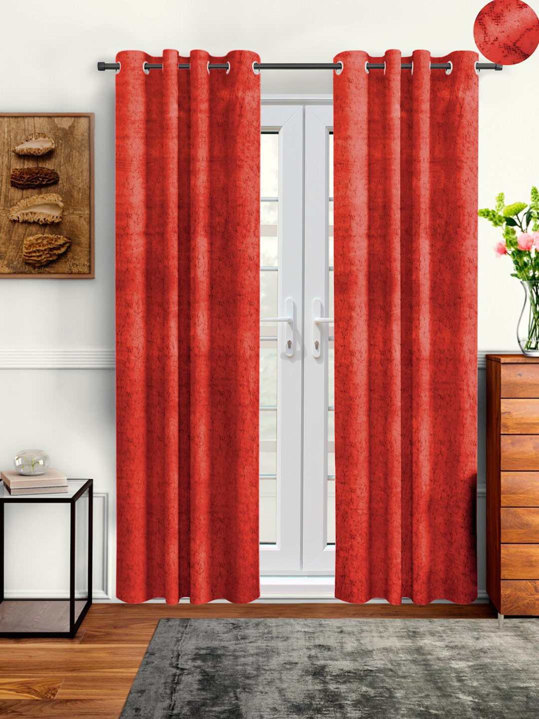 Cortina Red Set of 2 Abstract Printed Room Darkening Long Door Curtain