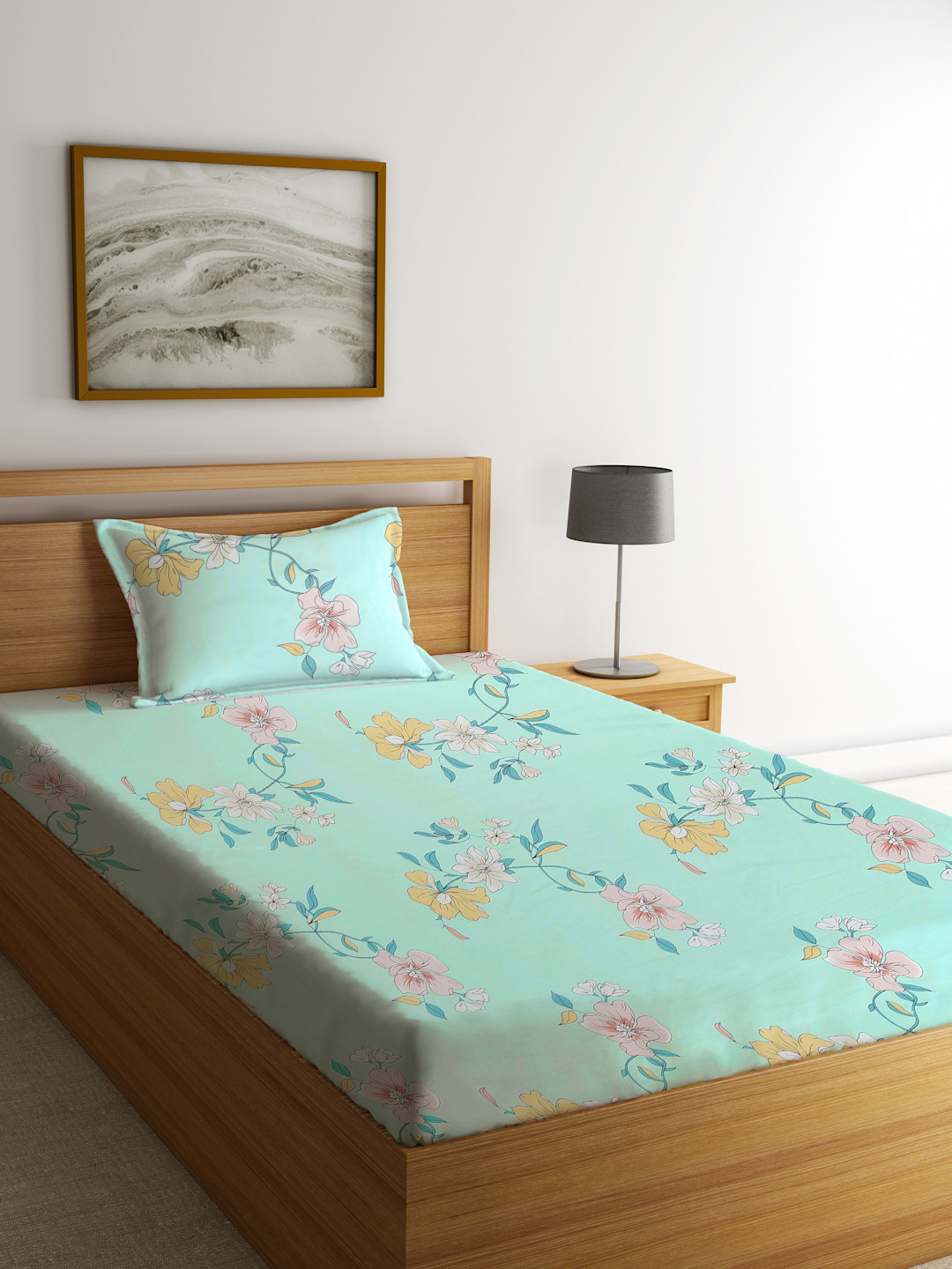 KLOTTHE Green Floral Polycotton 300 TC Fitted Single Fine Bedsheet with a Pillow Cover-59 x 87 inches