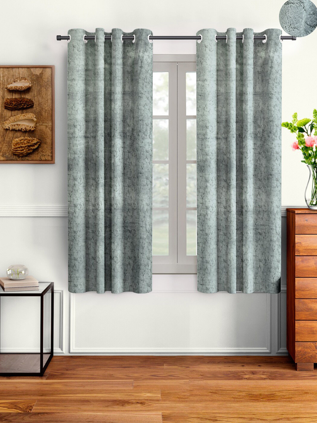 Cortina Set of 2 Grey & Black Velvet Room Darkening Window Curtain