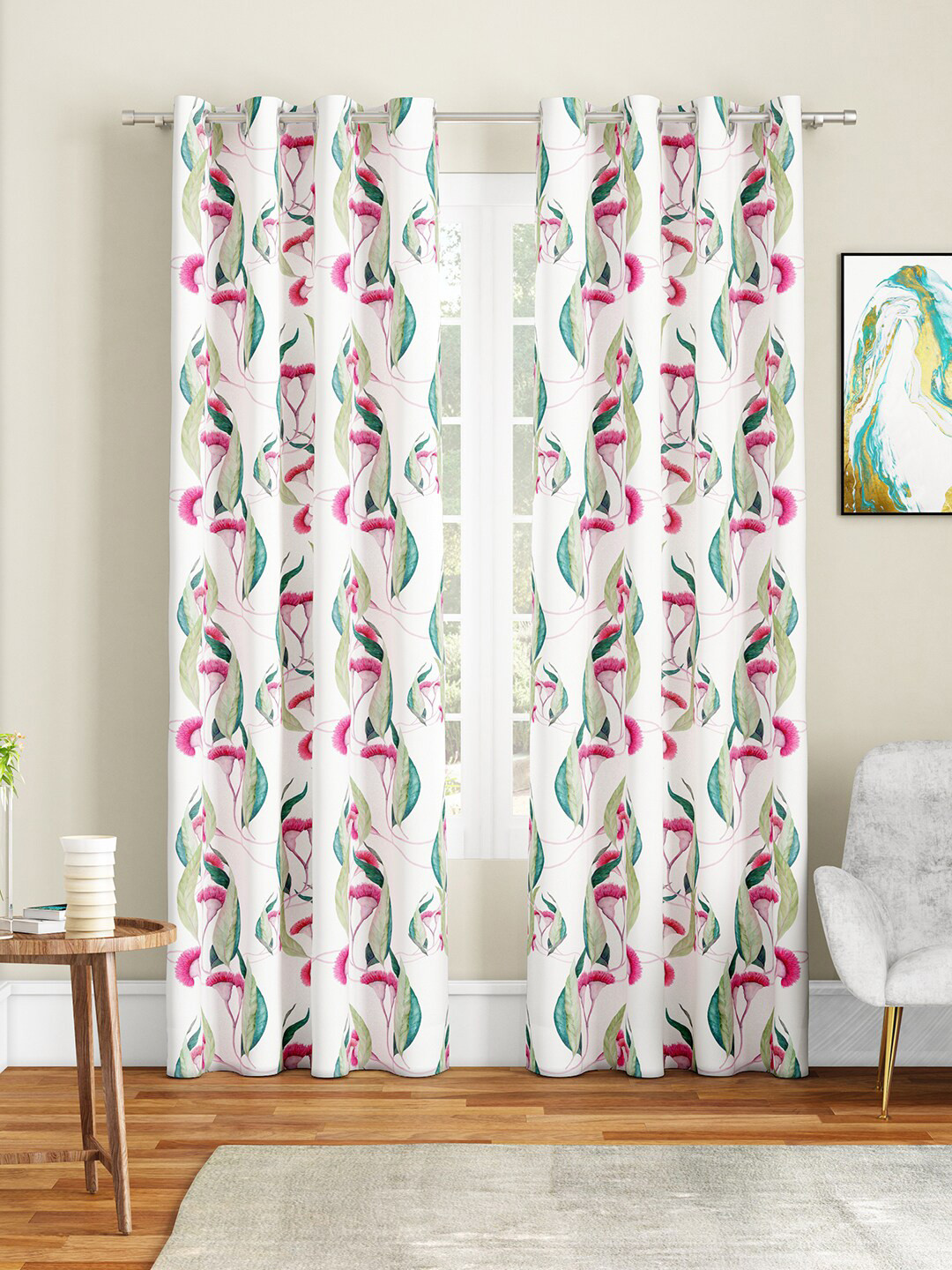 SEJ by Nisha Gupta White & Pink Set of 2 Floral Long Door Curtain