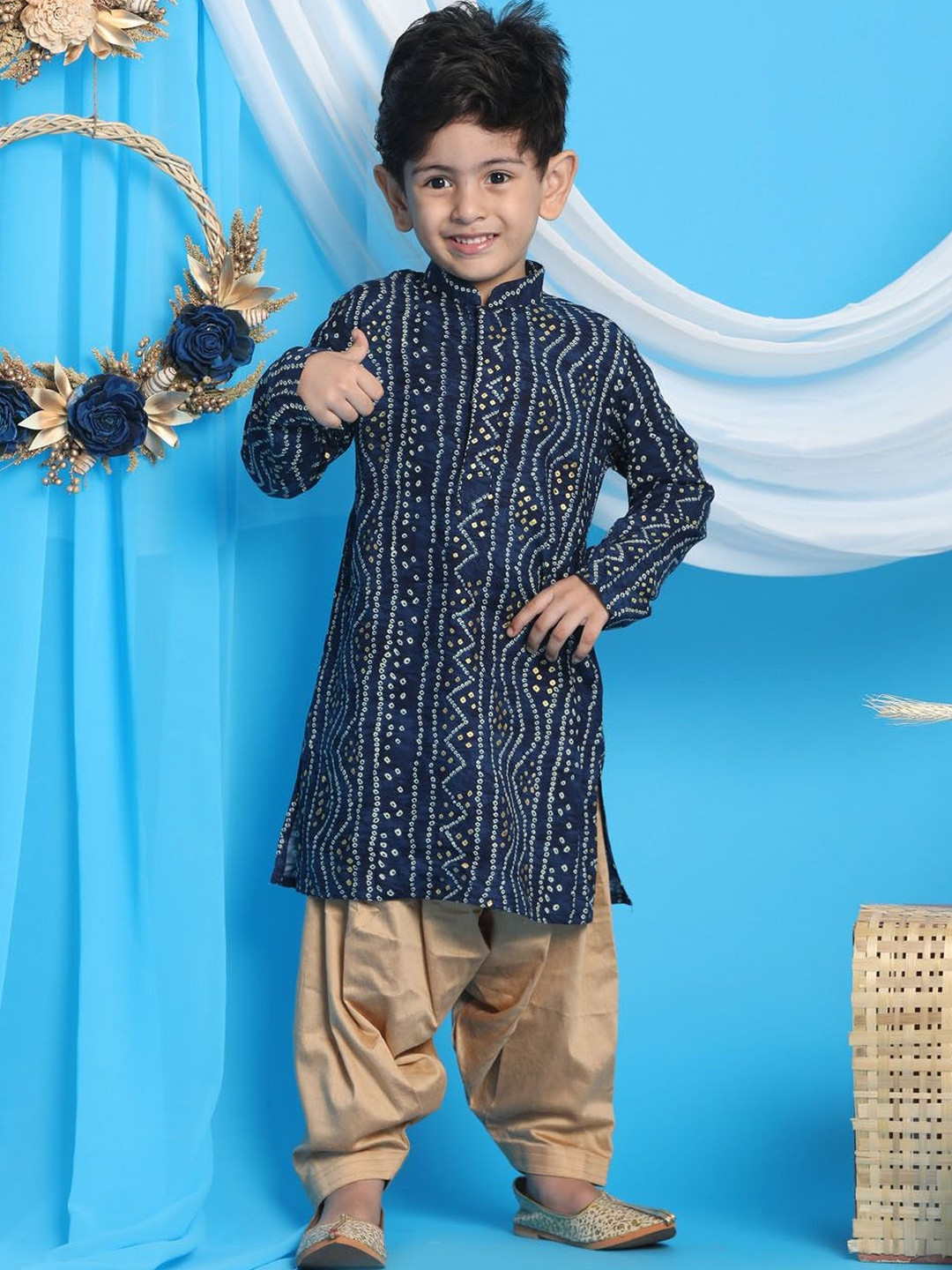 VASTRAMAY Boys Blue & Rose Gold Bandhani Kurta & Patiyala Set