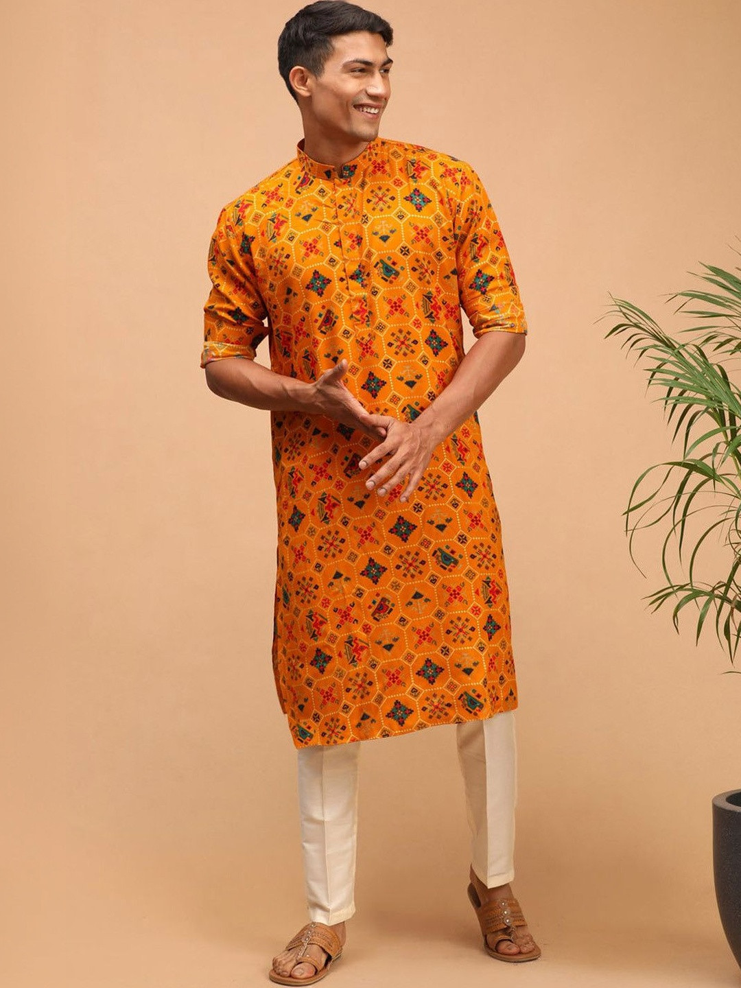 VASTRAMAY Men Yellow Patola Printed Rayon Kurta & Trouser Set