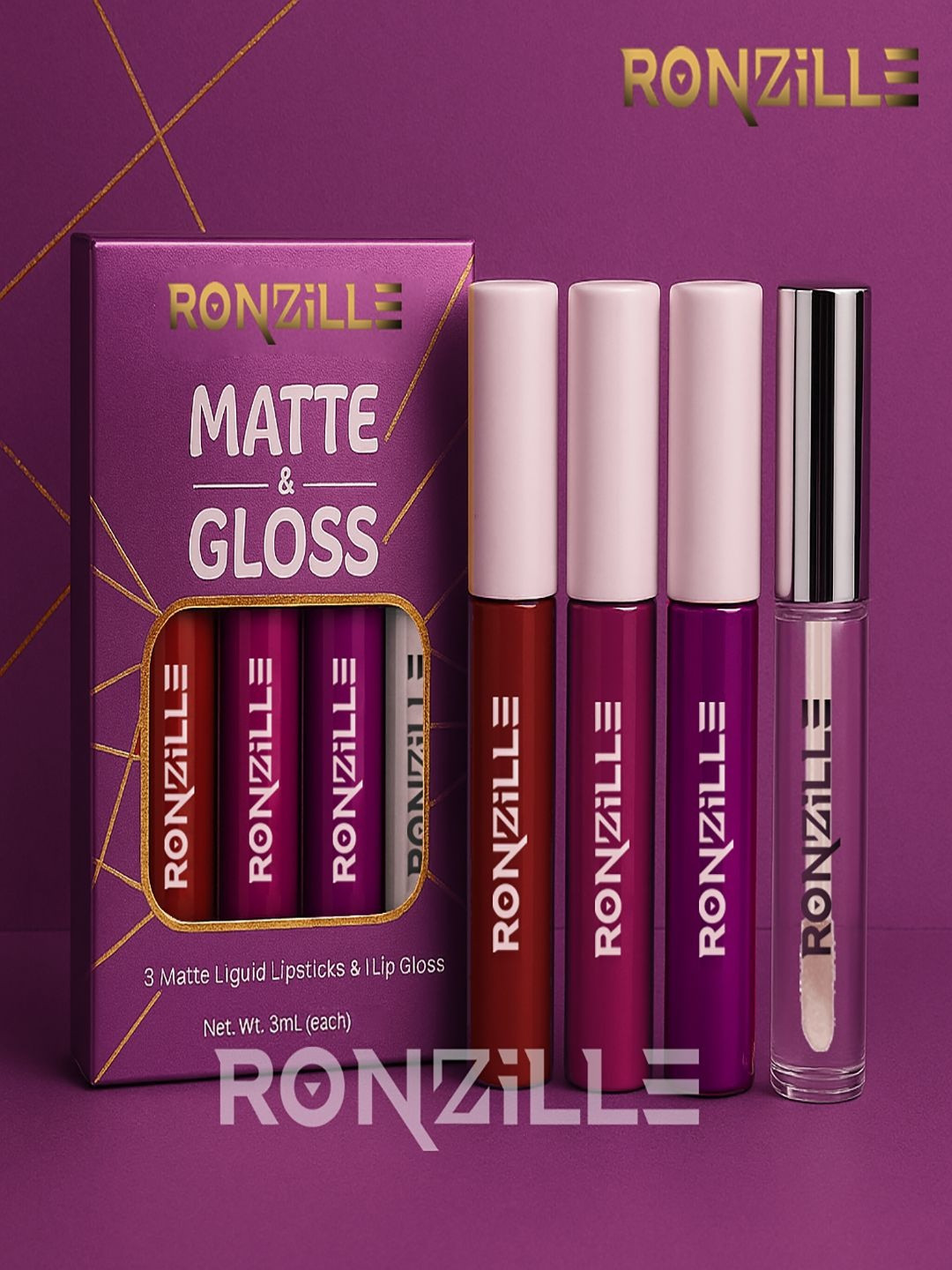 Ronzille Set of 4 Non Transfer Liquid Matte Lipstick with Lip Gloss 5 ml each - Purple