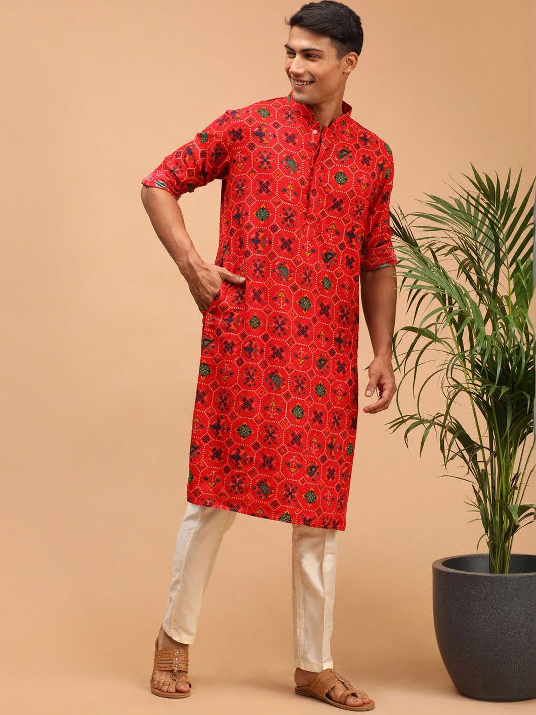 VASTRAMAY Men Red Patola Printed Rayon Kurta & Trouser Set