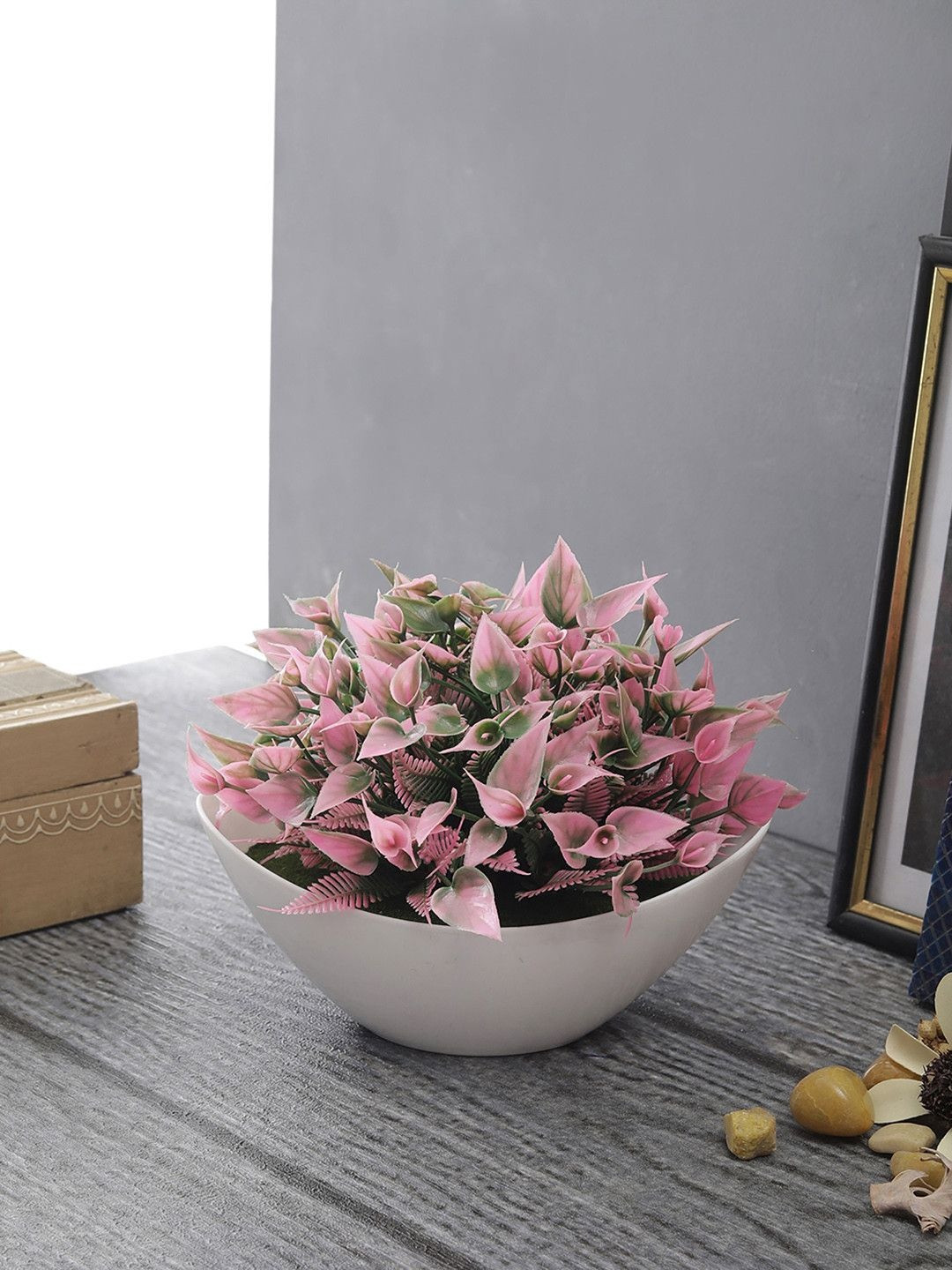 FOLIYAJ Green, Pink & White Artificial Plant With Pot