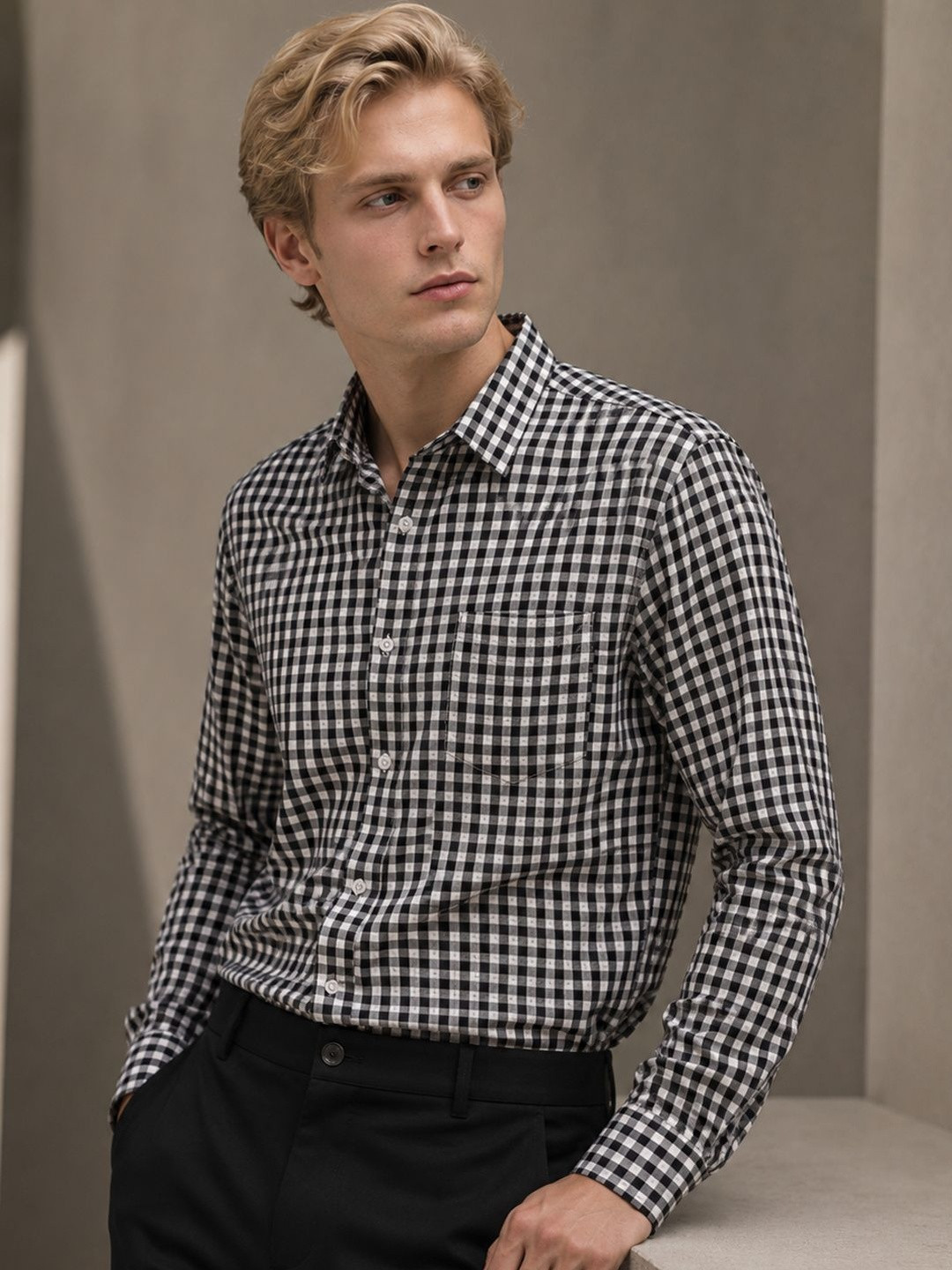 Hancock Men Black & White Slim Fit Checked Formal Shirt
