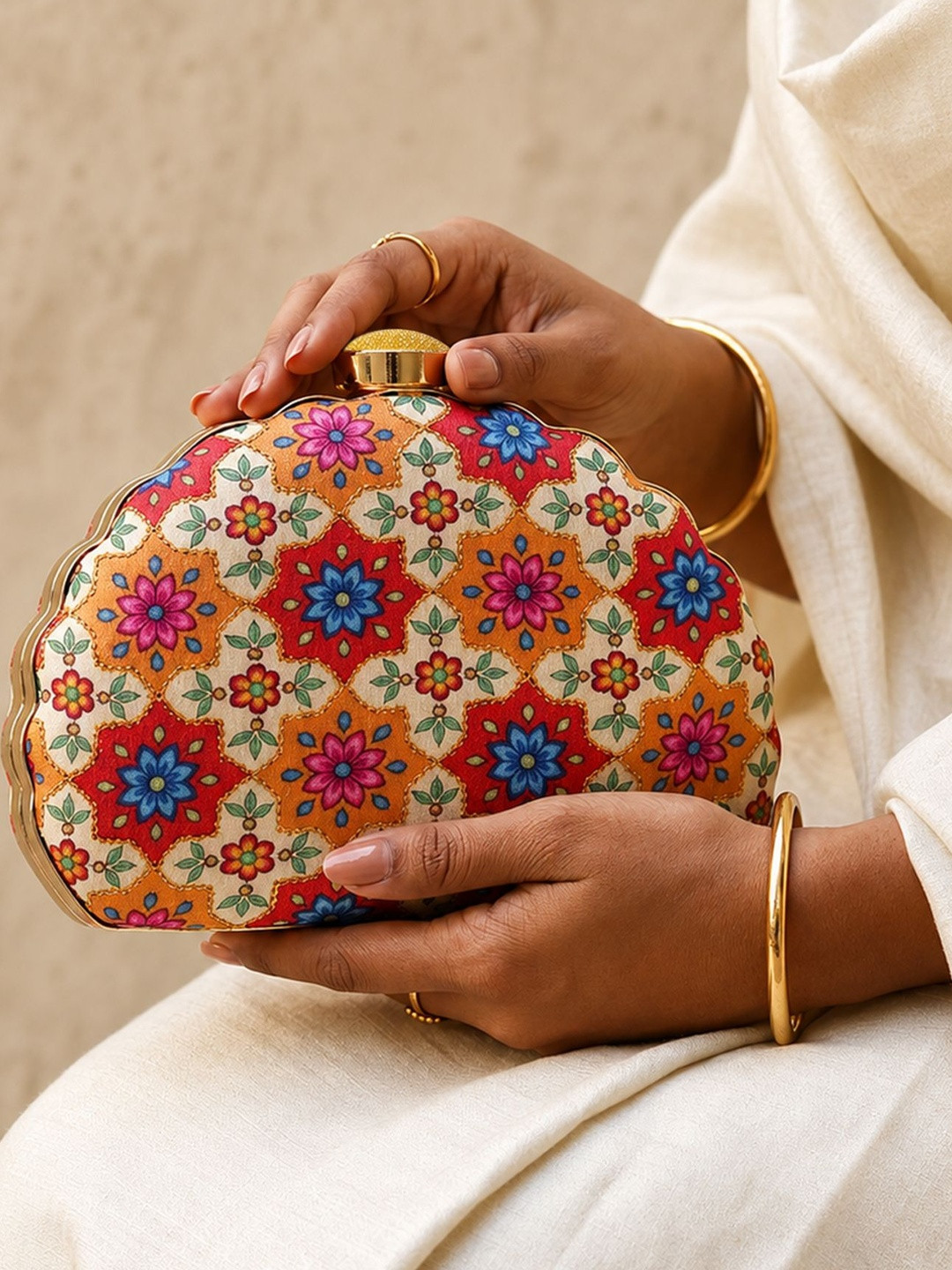 ARTKLIM Beige & Red Printed Embroidered Box Clutch