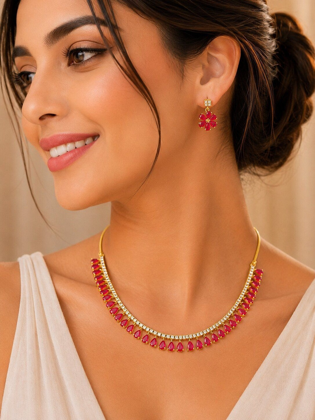 Jewar Mandi Gold-Toned & Pink CZ Stone-Studded Jewellery Set