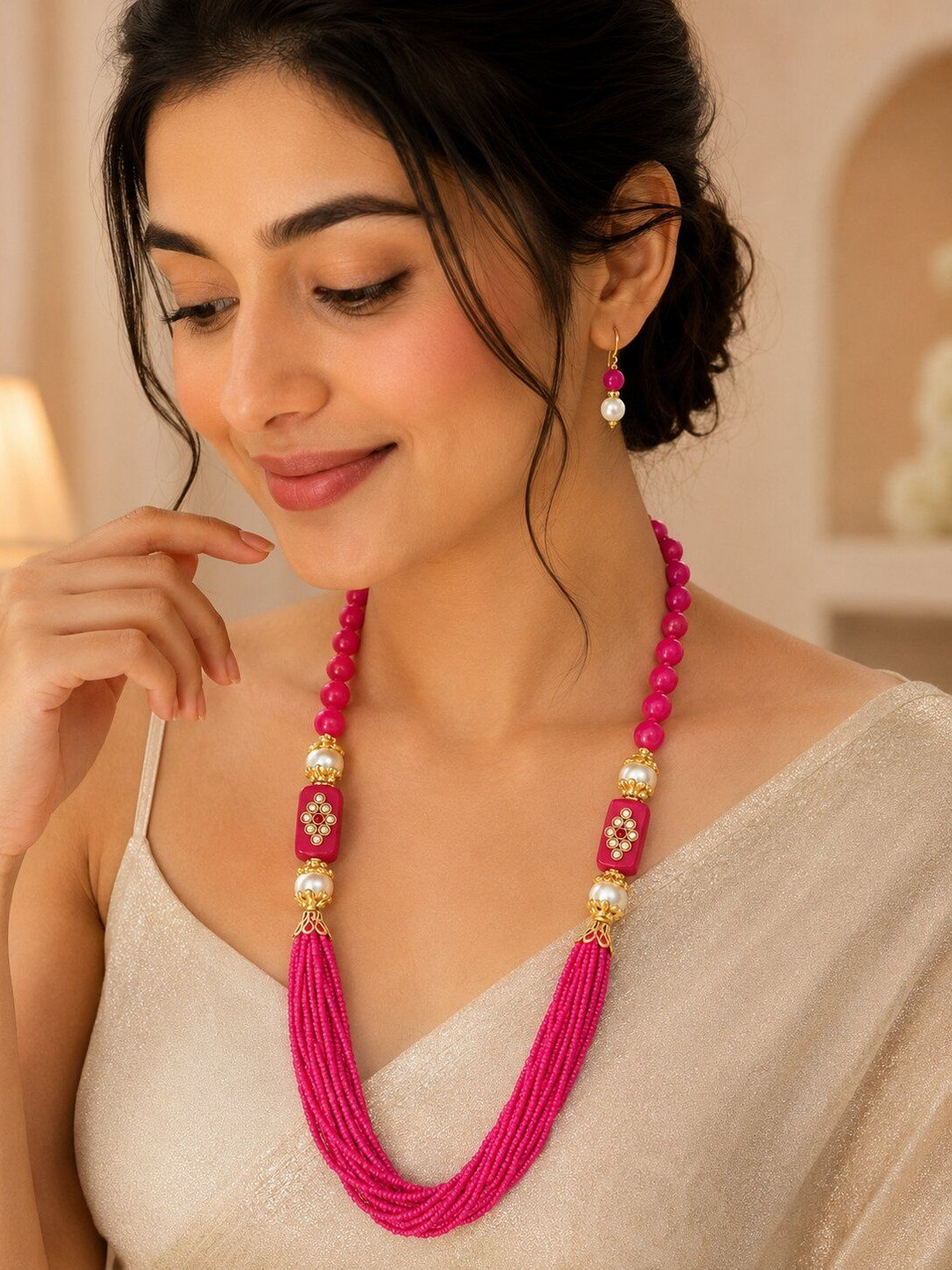 Jewar Mandi Pink Pearls-Beaded Gold-Plated Jewellery Set