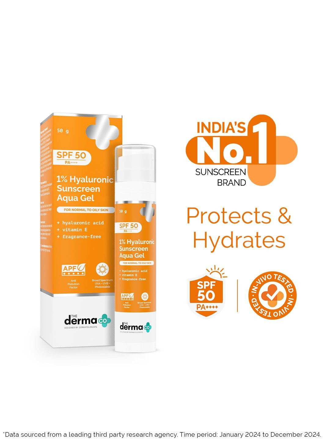 The Derma co. 1% Hyaluronic Sunscreen Aqua Ultra Light Gel UVA & B Prot 50g In-Vivo tested