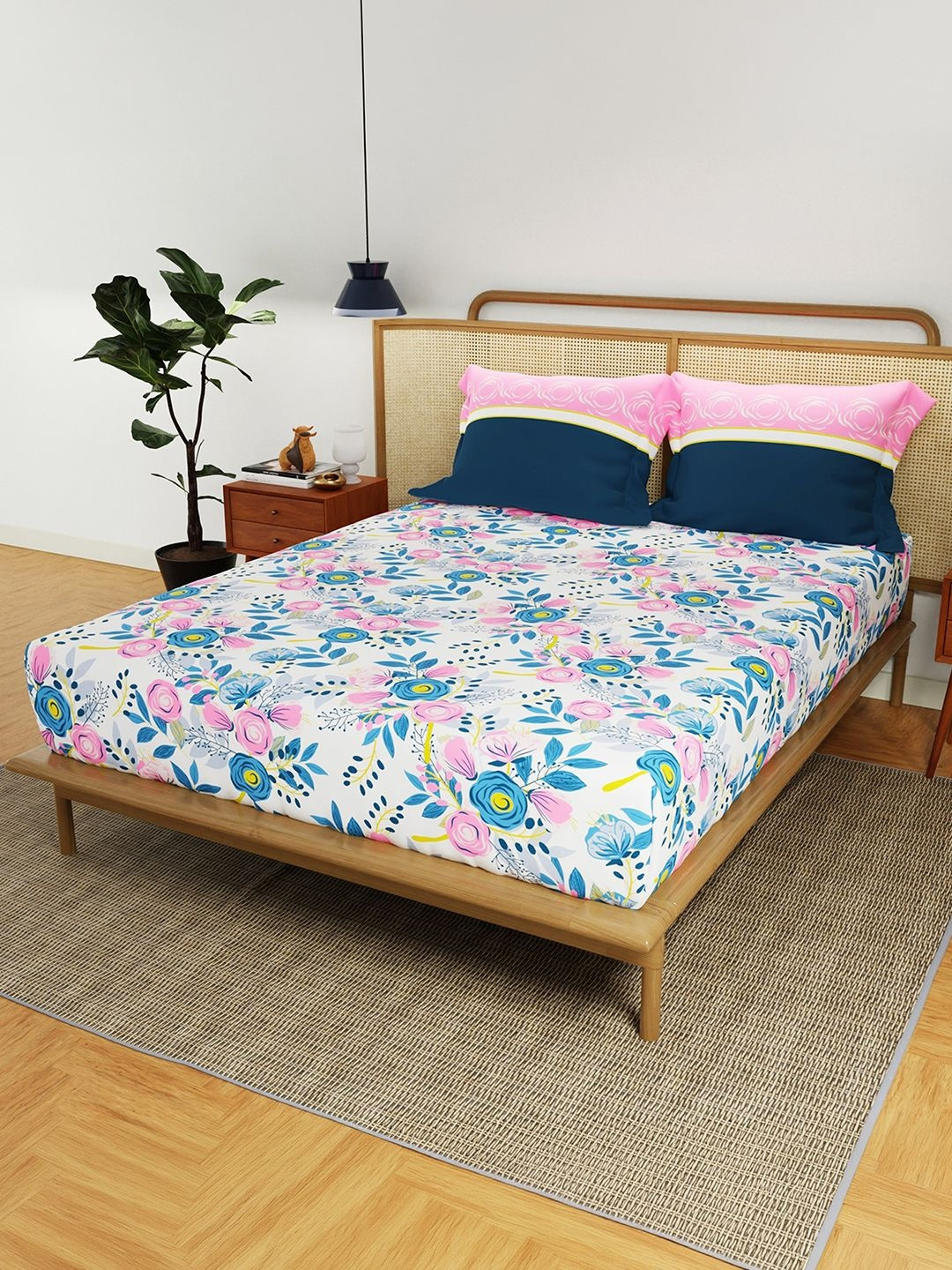 URBAN SPACE Divine Blue Floral Cotton 144 TC Queen fine Bedsheet with 2 Pillow Covers