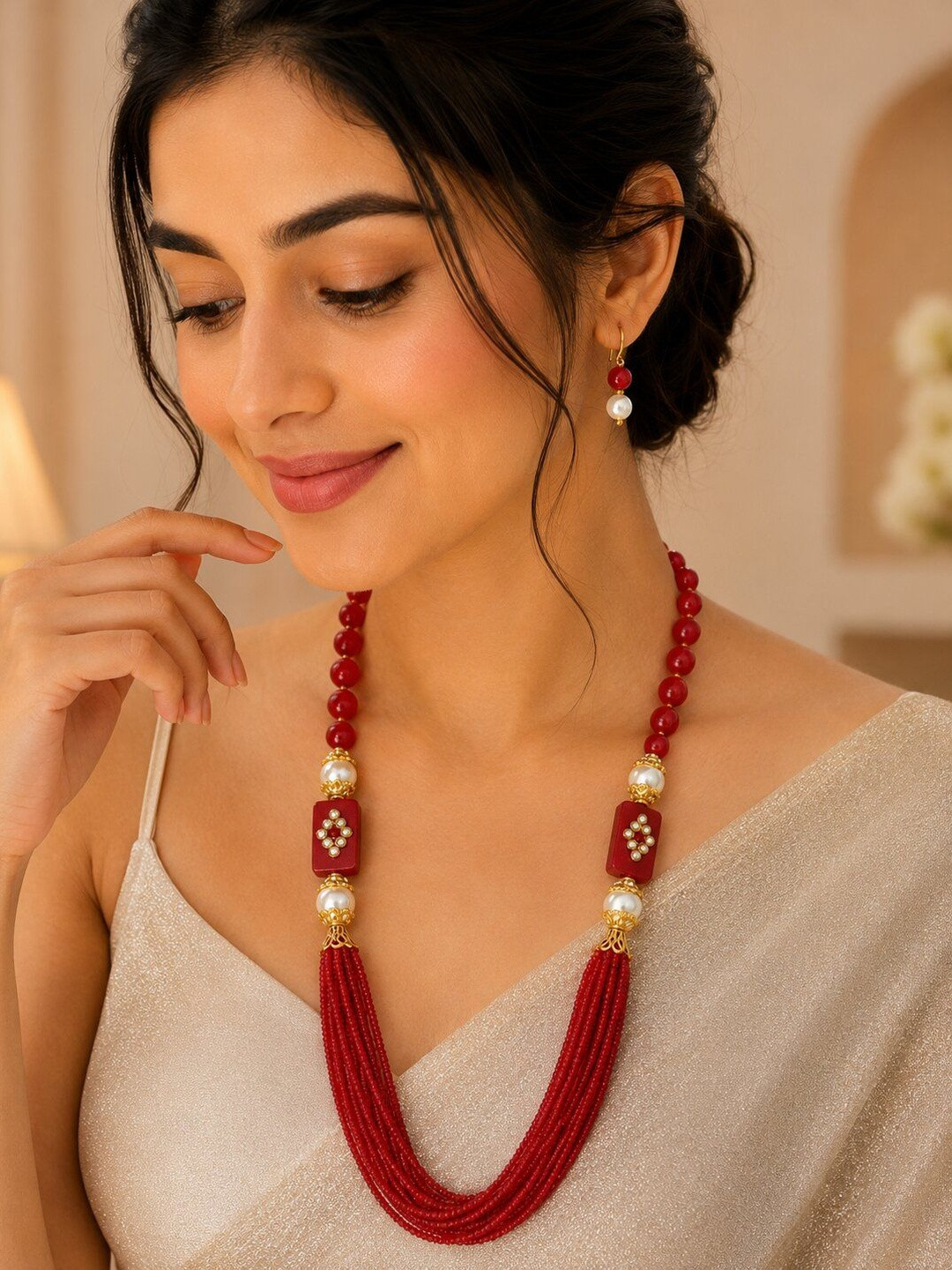 Jewar Mandi Gold-Plated Red Kundan-Studded & Pearl-Beaded Jewellery Set