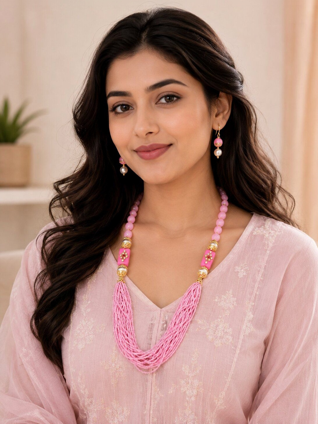 Jewar Mandi Gold-Plated Pink Pearls-Beaded Jewellery Set