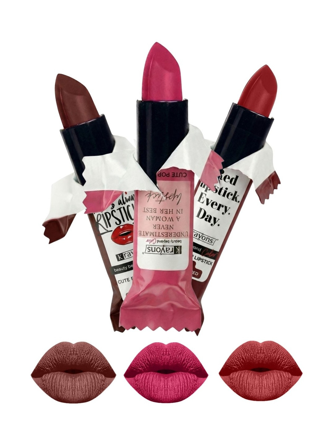 krayons Set Of 3 The Natural Beauty Matte Lipsticks - Brick Tone, Angel Pink, Signal Red