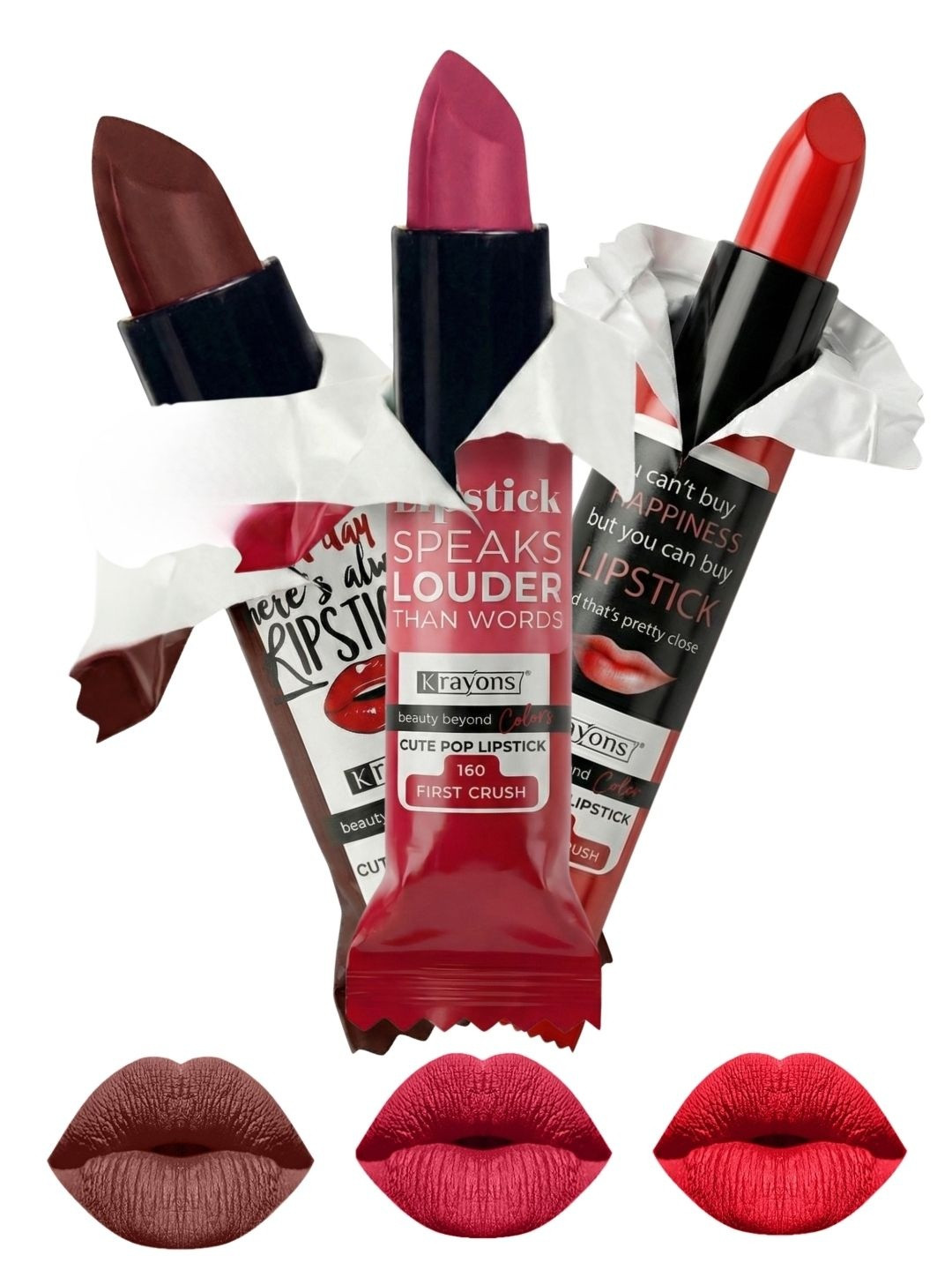 krayons Set Of 3 The Natural Beauty Matte Lipstick - Brick Tone, First Crush, Orange Crush