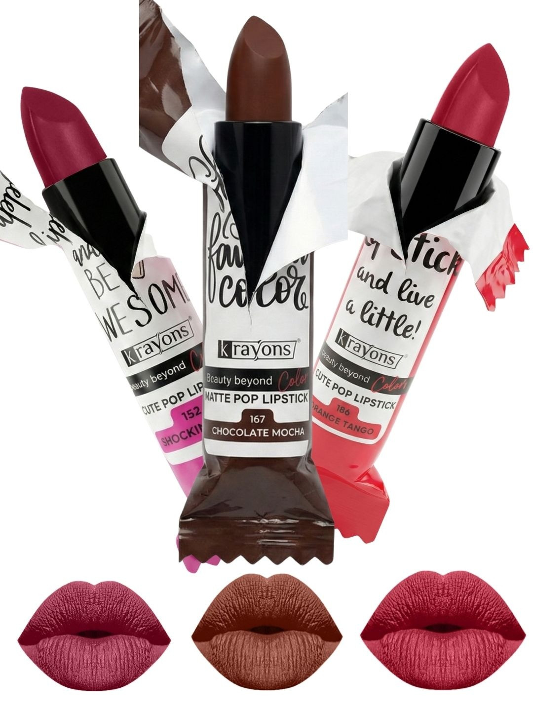 krayons Set Of 3 The Natural Beauty Matte Lipstick-ShockingPink,ChocolateMocha,OrangeTango