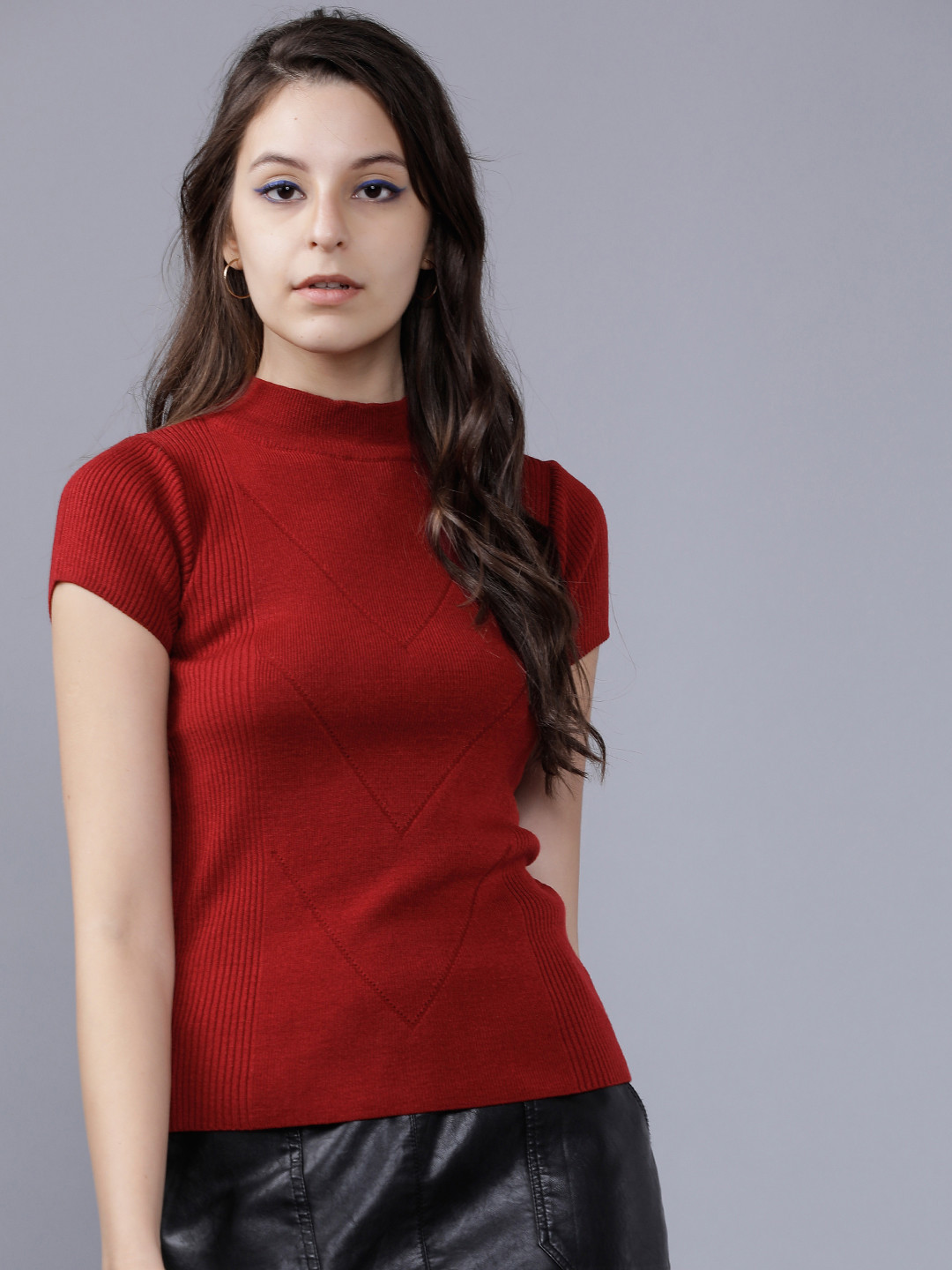 Basics By Tokyo Talkies Women Red Solid Pullover Sweater