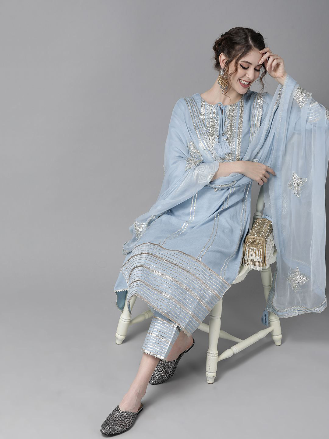 Ishin Women Blue & Silver Striped Kurta Set with Gotta Patti Detail
