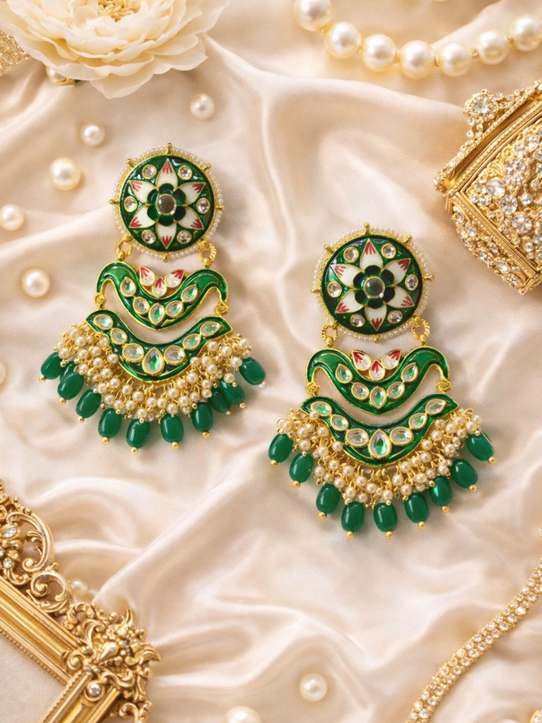 I Jewels Gold-Plated Kundan Studded & Beaded Contemporary Drop Earrings