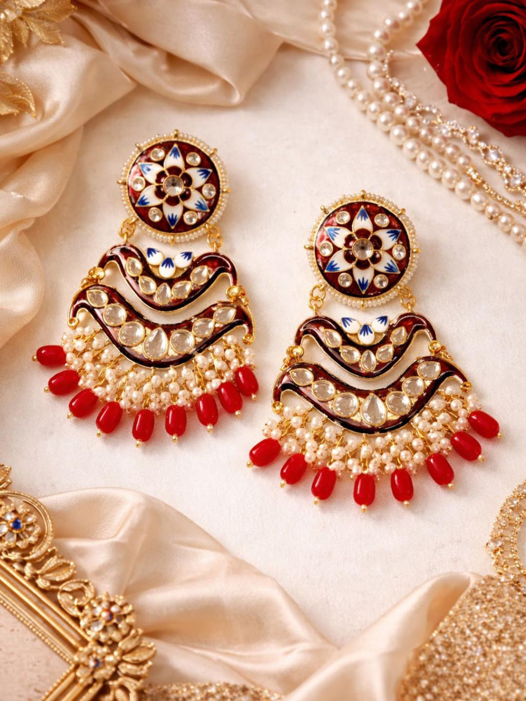 I Jewels Gold-Plated Kundan Studded Contemporary Drop Earrings