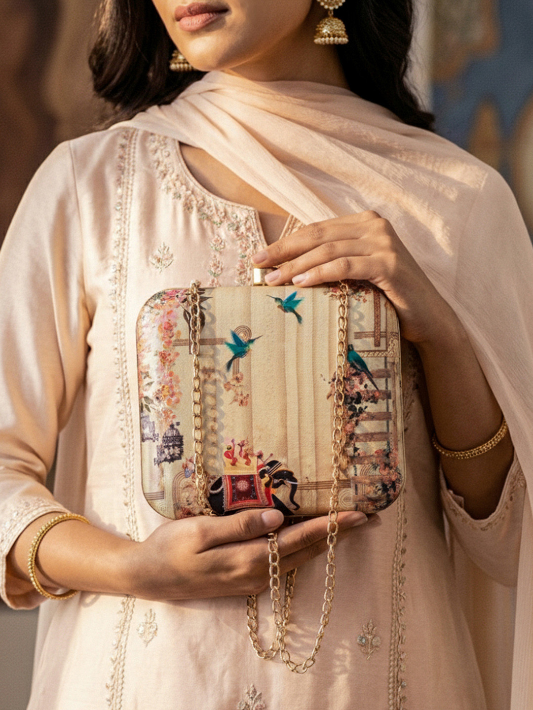 ARTKLIM Cream-Coloured & Blue Printed Box Clutch