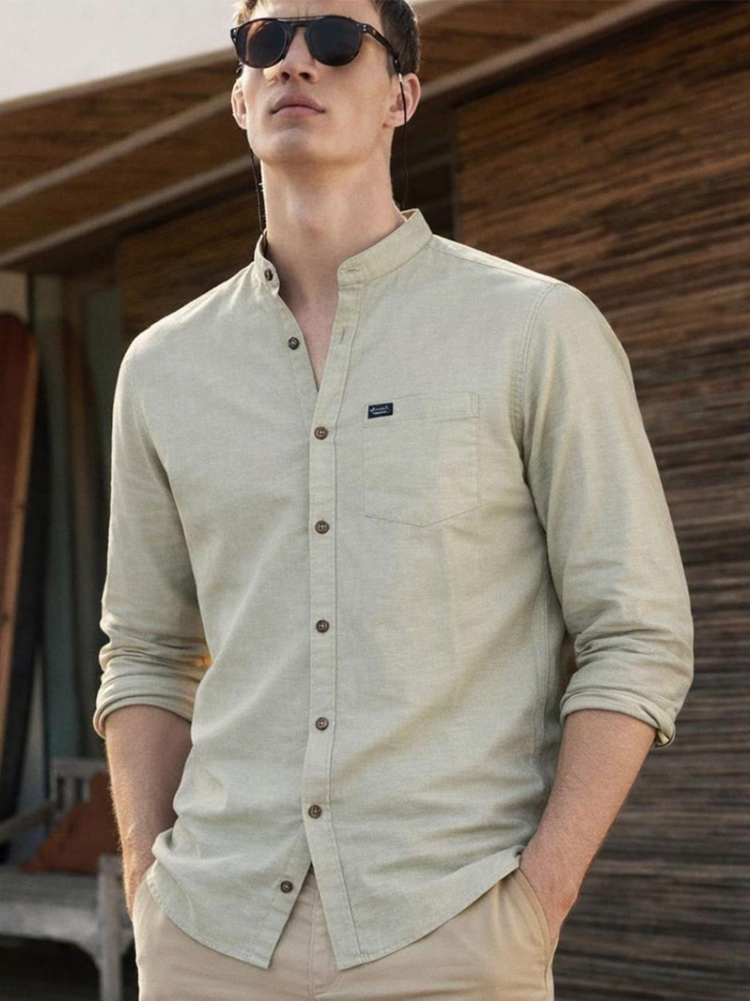 ARMISTO Modern Mandairn Collar Linen Casual Shirt