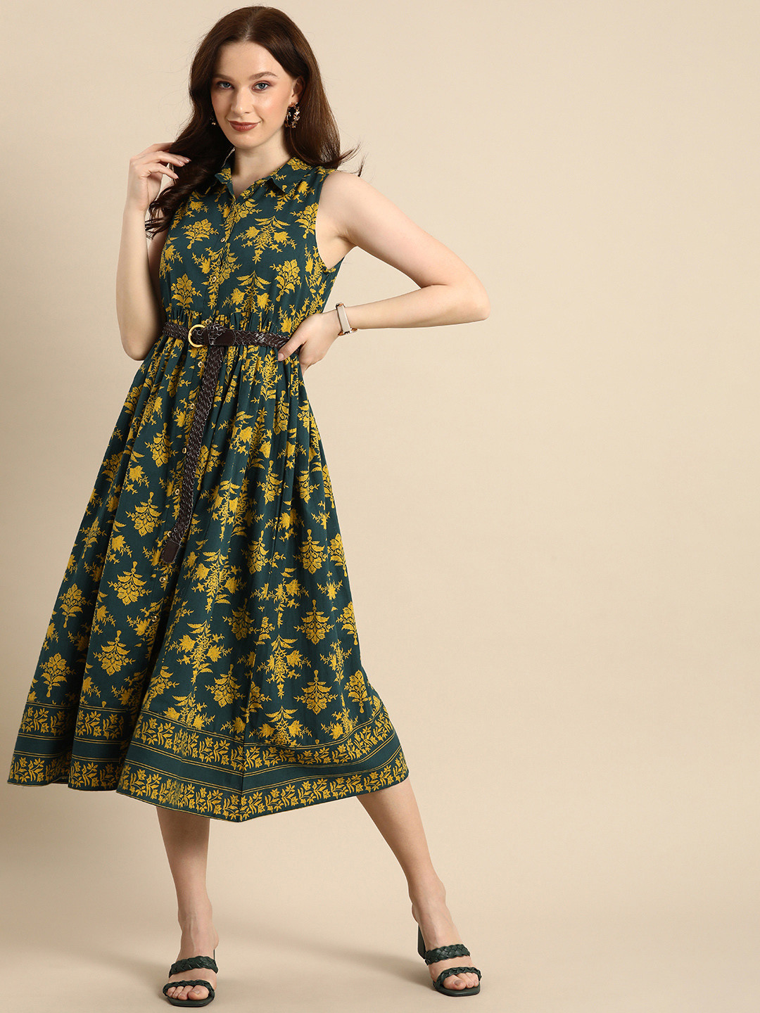 all about you Green & Yellow Floral Cotton Sleevless Gathered Midi Dress