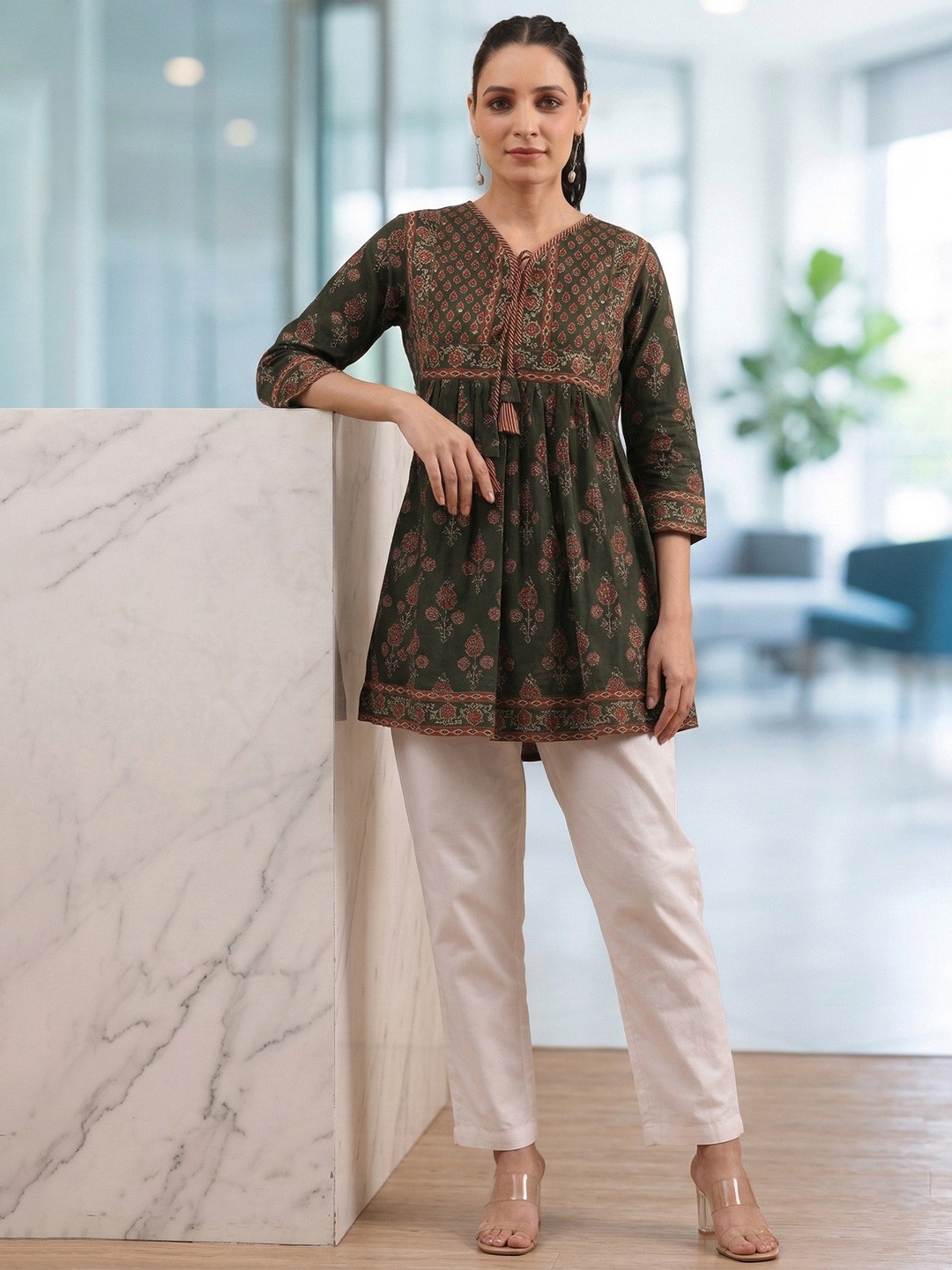 Rain & Rainbow Green & Maroon Floral Printed Sequinned Pure Cotton Sequinned Kurti