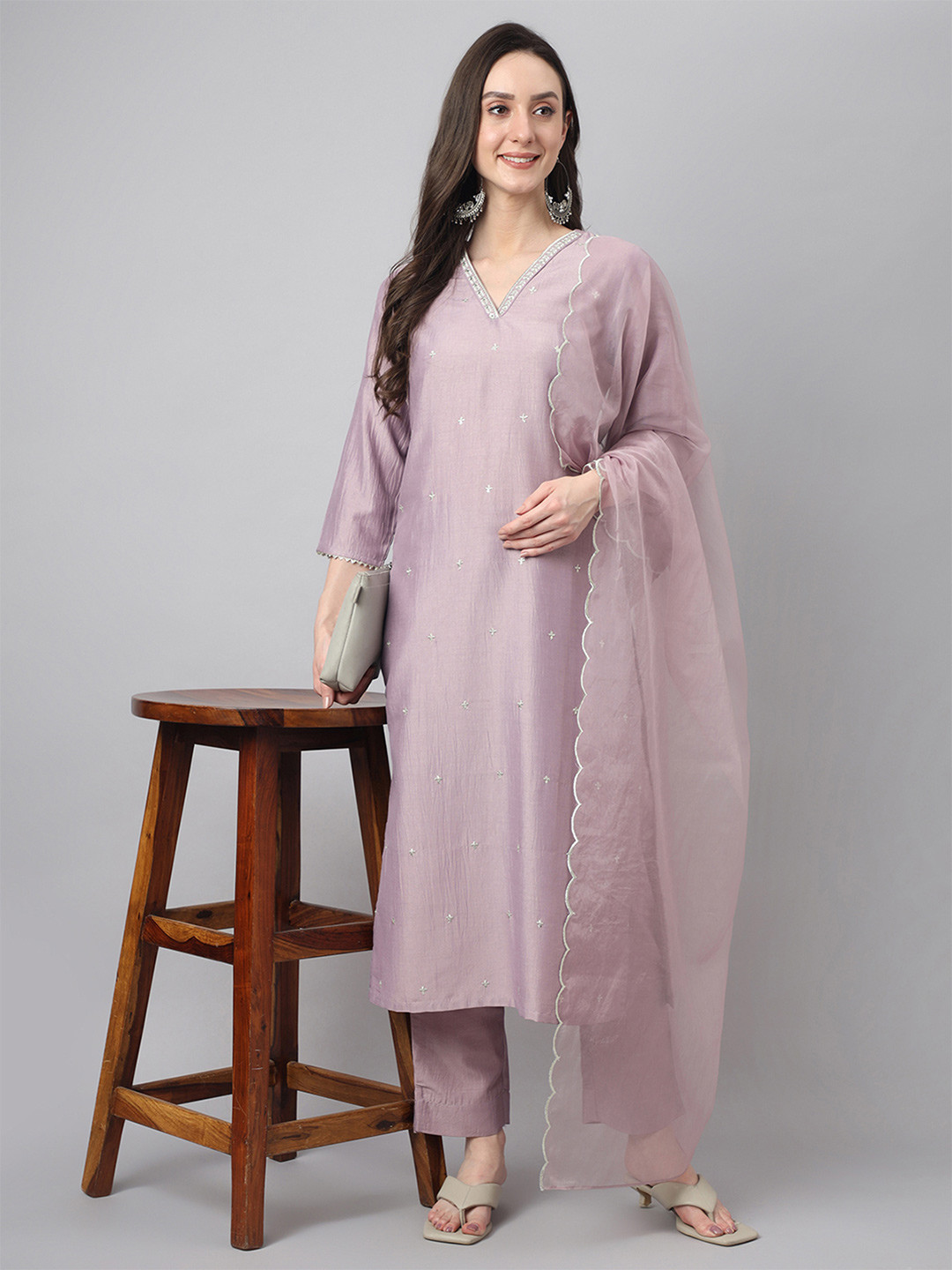 Janasya Women's Lavender Silk Blend Embellished Kurta with Pant and Dupatta