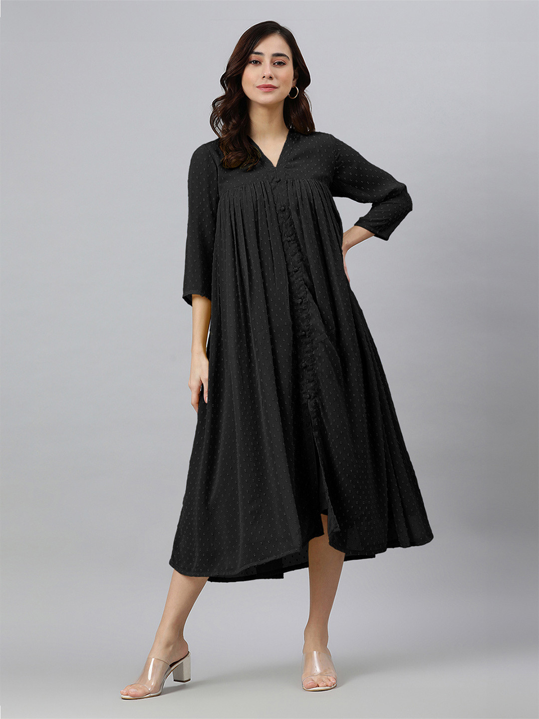 Janasya Women's Black Dobby Chiffon Self Design Empire Kurta
